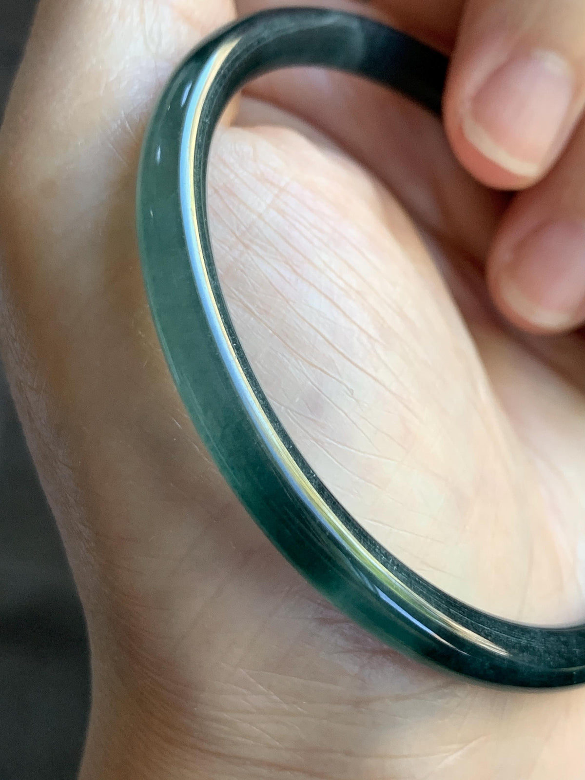 Certified Natural Grade A Guatemalan Icy Translucent Dark Dusty Teal Blue Jade Jadeite Slim Bangle 57.18mm 7.07” 17.19g 天然冰胶危蓝绿翡翠细圆条手镯991