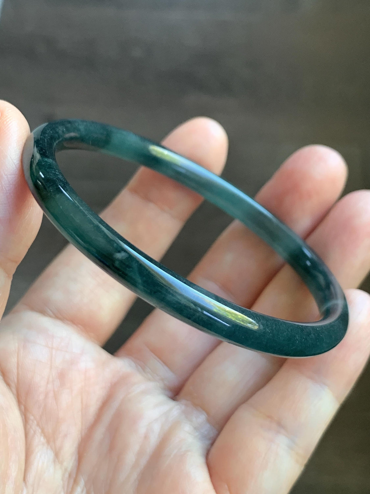 Certified Natural Grade A Guatemalan Icy Translucent Dark Dusty Teal Blue Jade Jadeite Slim Bangle 57.18mm 7.07” 17.19g 天然冰胶危蓝绿翡翠细圆条手镯991