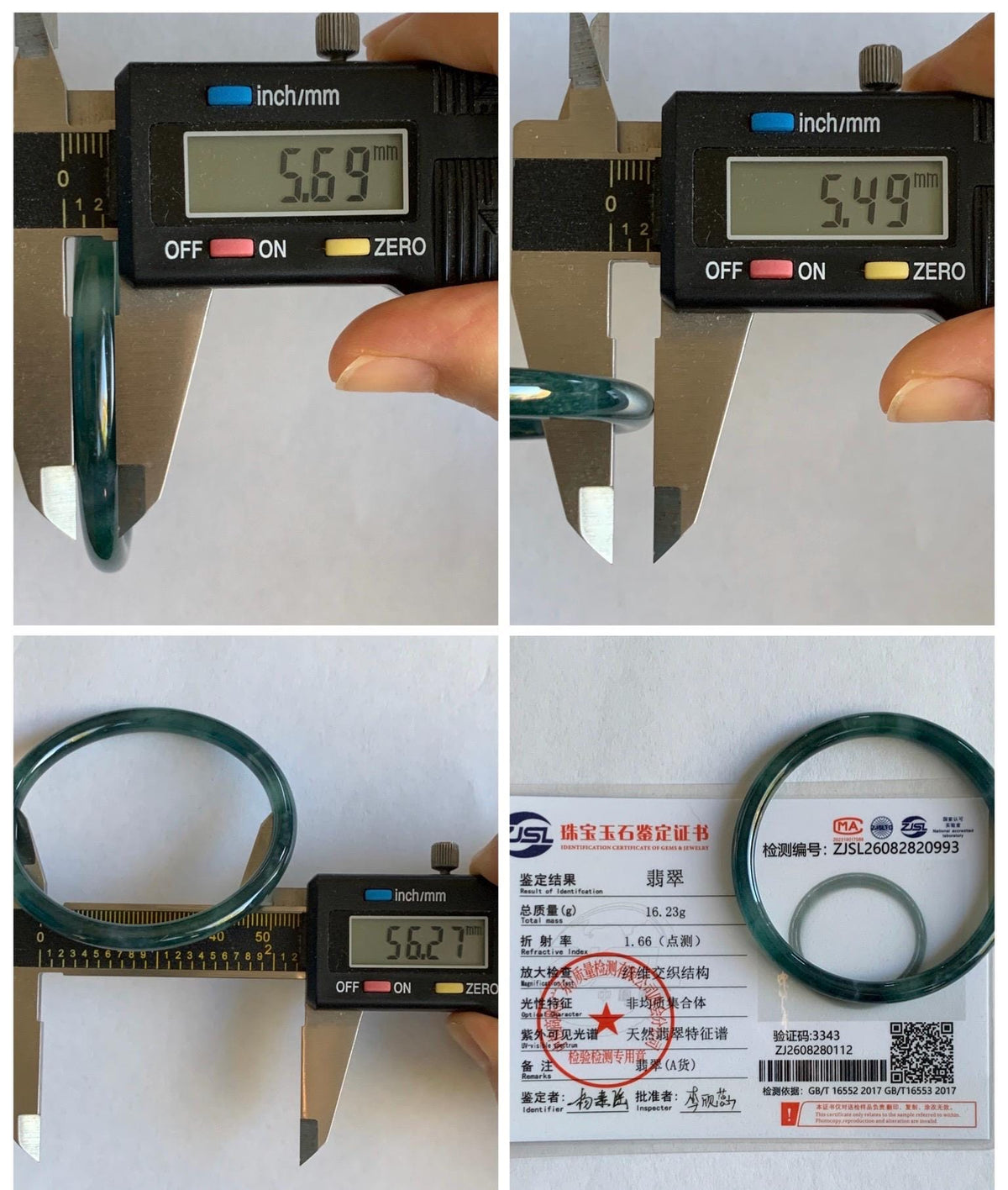 Certified Natural Grade A Guatemalan Icy Translucent Dark Dusty Teal Green Jade Jadeite Slim Bangle 56.27mm 6.95” 16.23g 天然冰胶危蓝绿翡翠细圆条手镯993