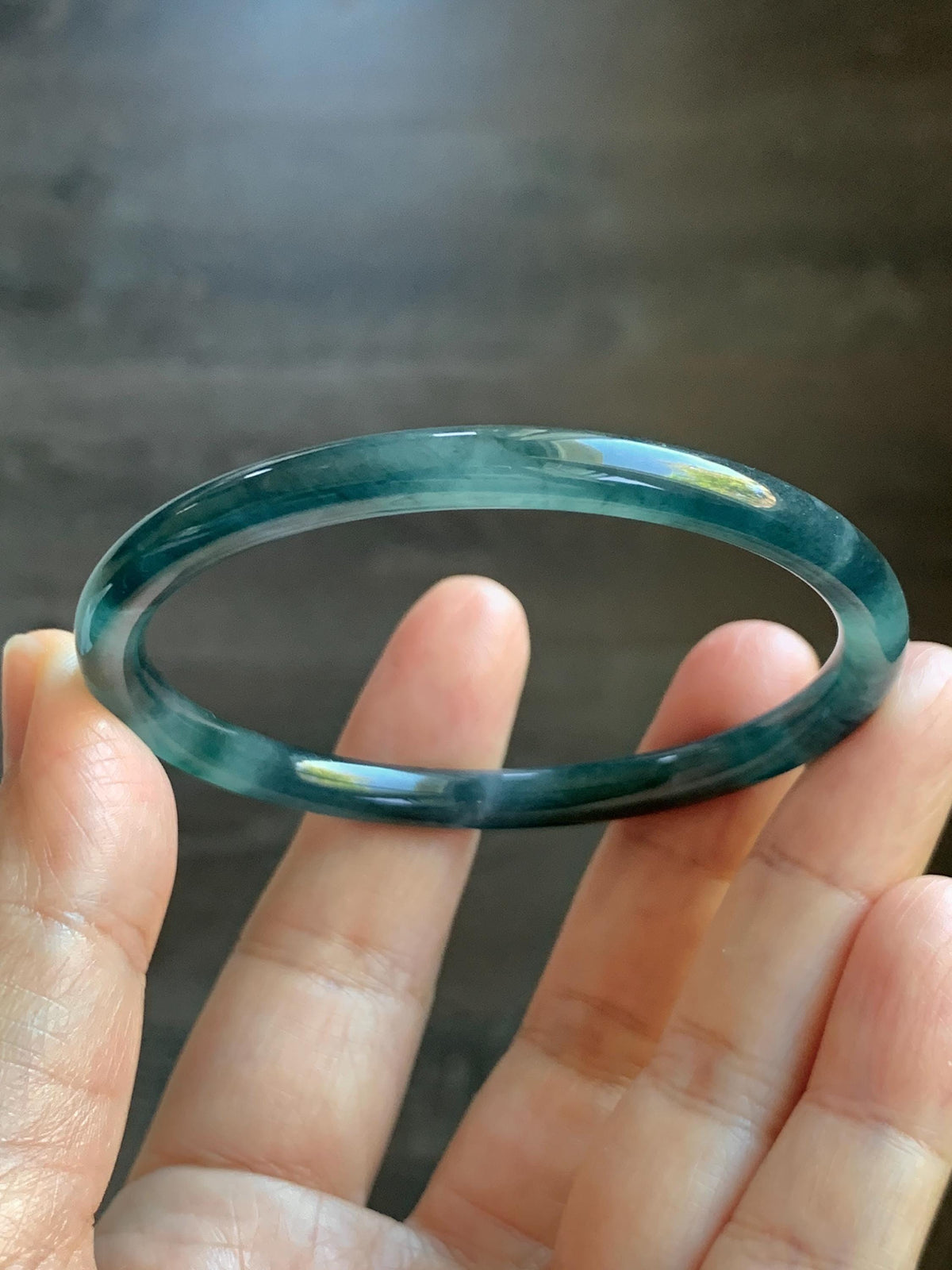 Certified Natural Grade A Guatemalan Icy Translucent Dark Dusty Teal Green Jade Jadeite Slim Bangle 56.27mm 6.95” 16.23g 天然冰胶危蓝绿翡翠细圆条手镯993