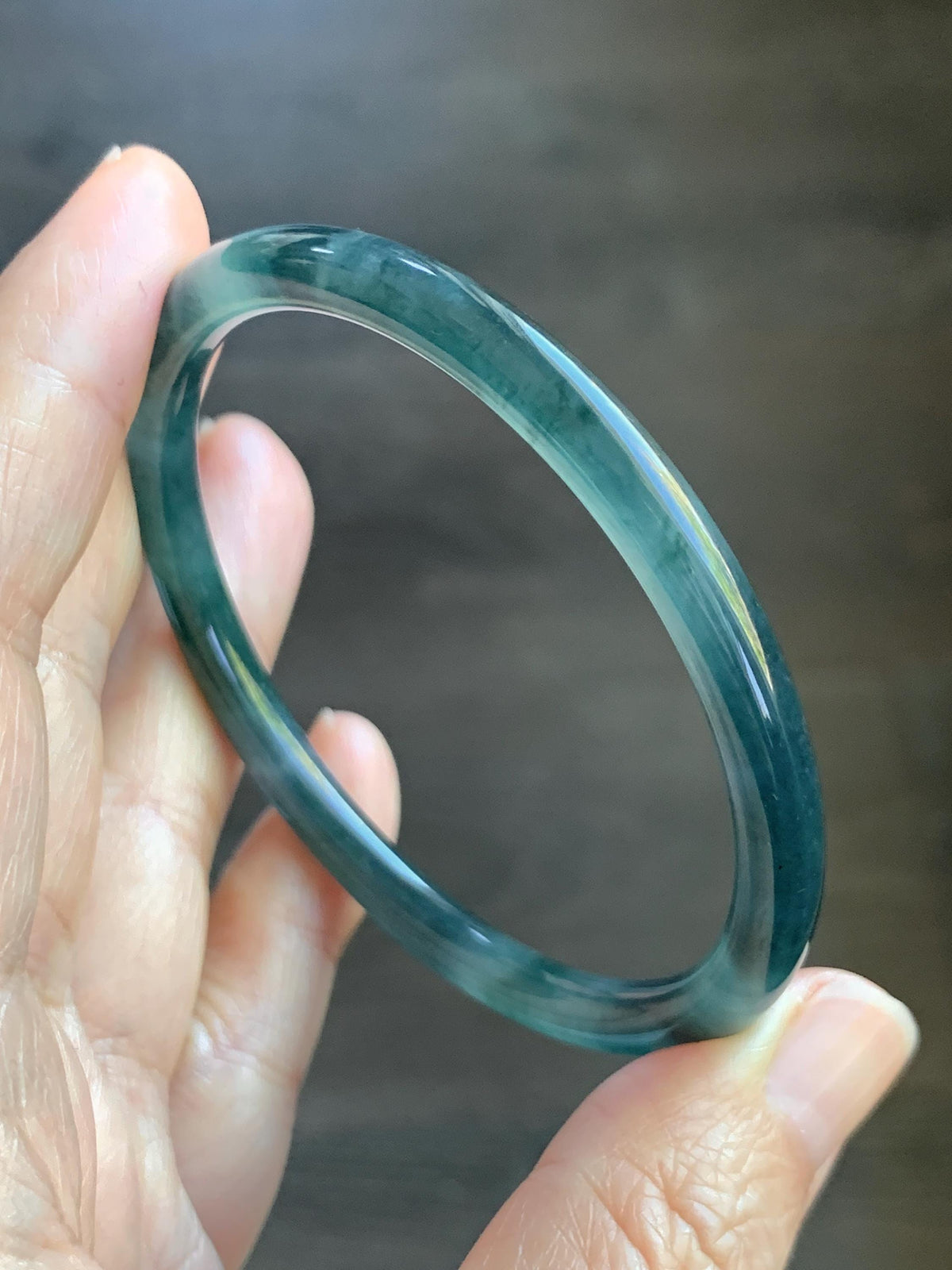 Certified Natural Grade A Guatemalan Icy Translucent Dark Dusty Teal Green Jade Jadeite Slim Bangle 56.27mm 6.95” 16.23g 天然冰胶危蓝绿翡翠细圆条手镯993