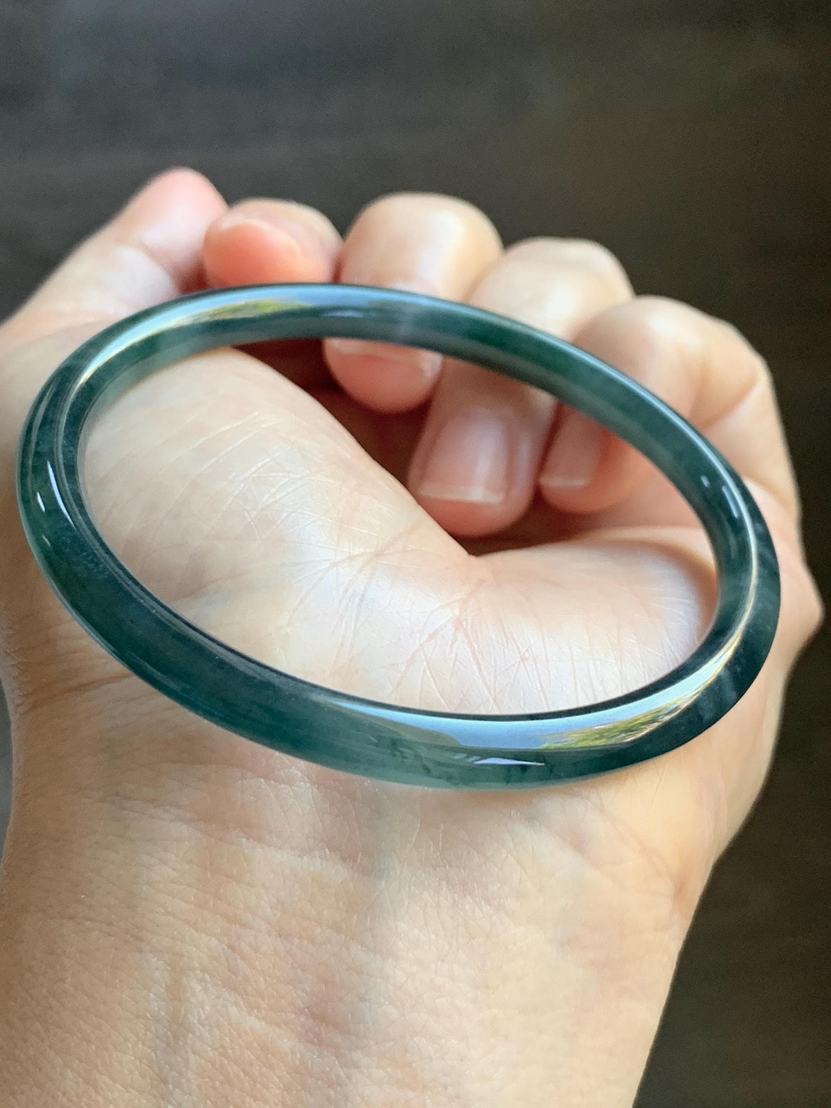 Certified Natural Grade A Guatemalan Icy Translucent Dark Dusty Teal Green Jade Jadeite Slim Bangle 56.27mm 6.95” 16.23g 天然冰胶危蓝绿翡翠细圆条手镯993