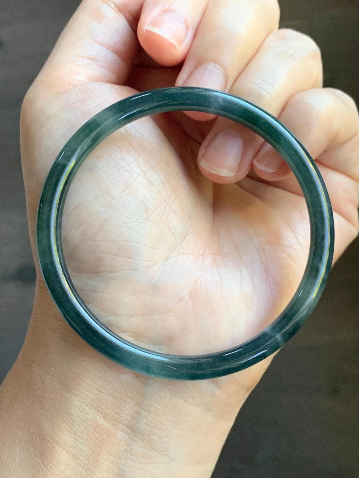 Certified Natural Grade A Guatemalan Icy Translucent Dark Dusty Teal Green Jade Jadeite Slim Bangle 56.27mm 6.95” 16.23g 天然冰胶危蓝绿翡翠细圆条手镯993