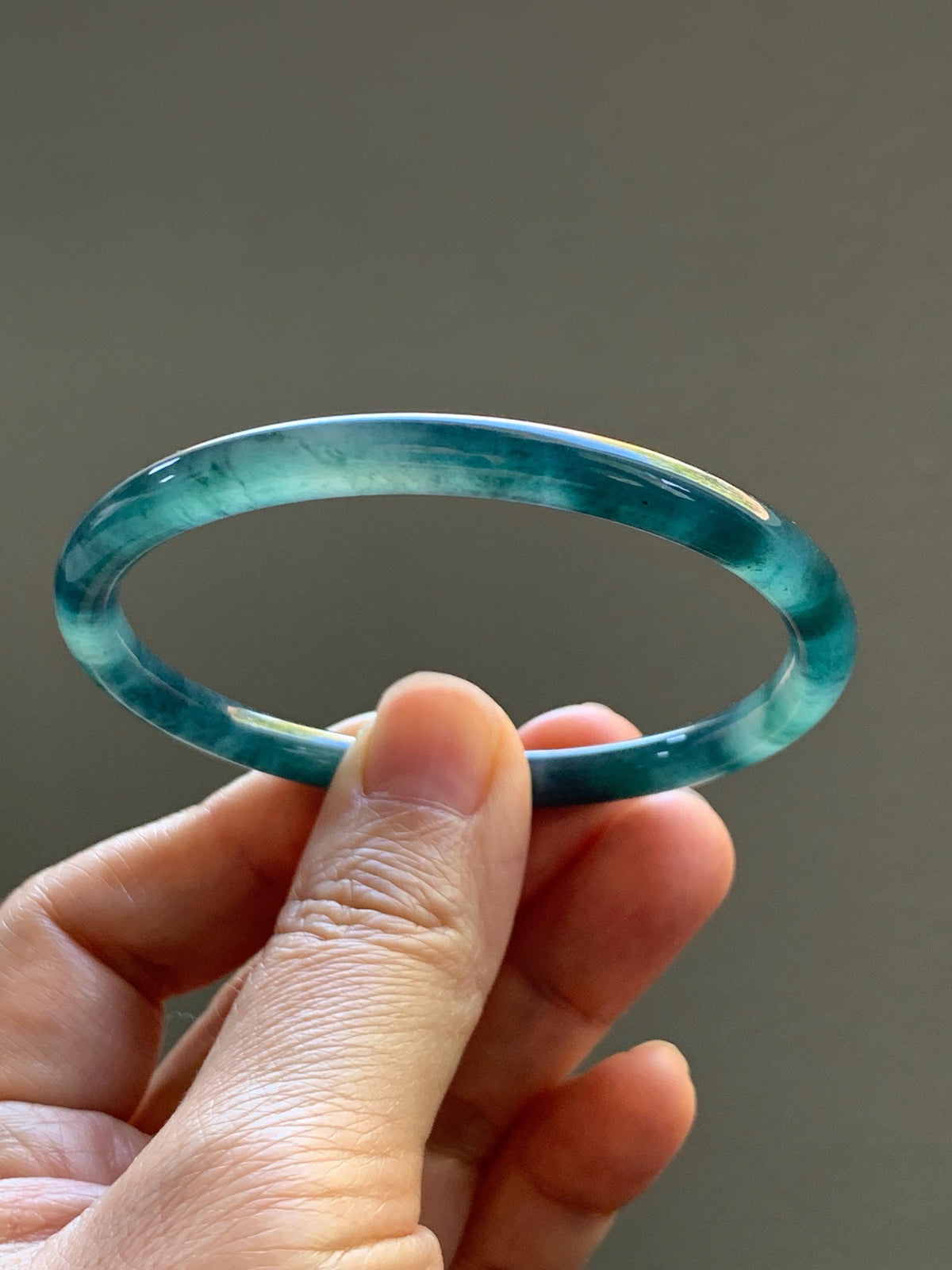 Certified Natural Grade A Guatemalan Icy Translucent Dark Dusty Teal Green Jade Jadeite Slim Bangle 56.27mm 6.95” 16.23g 天然冰胶危蓝绿翡翠细圆条手镯993