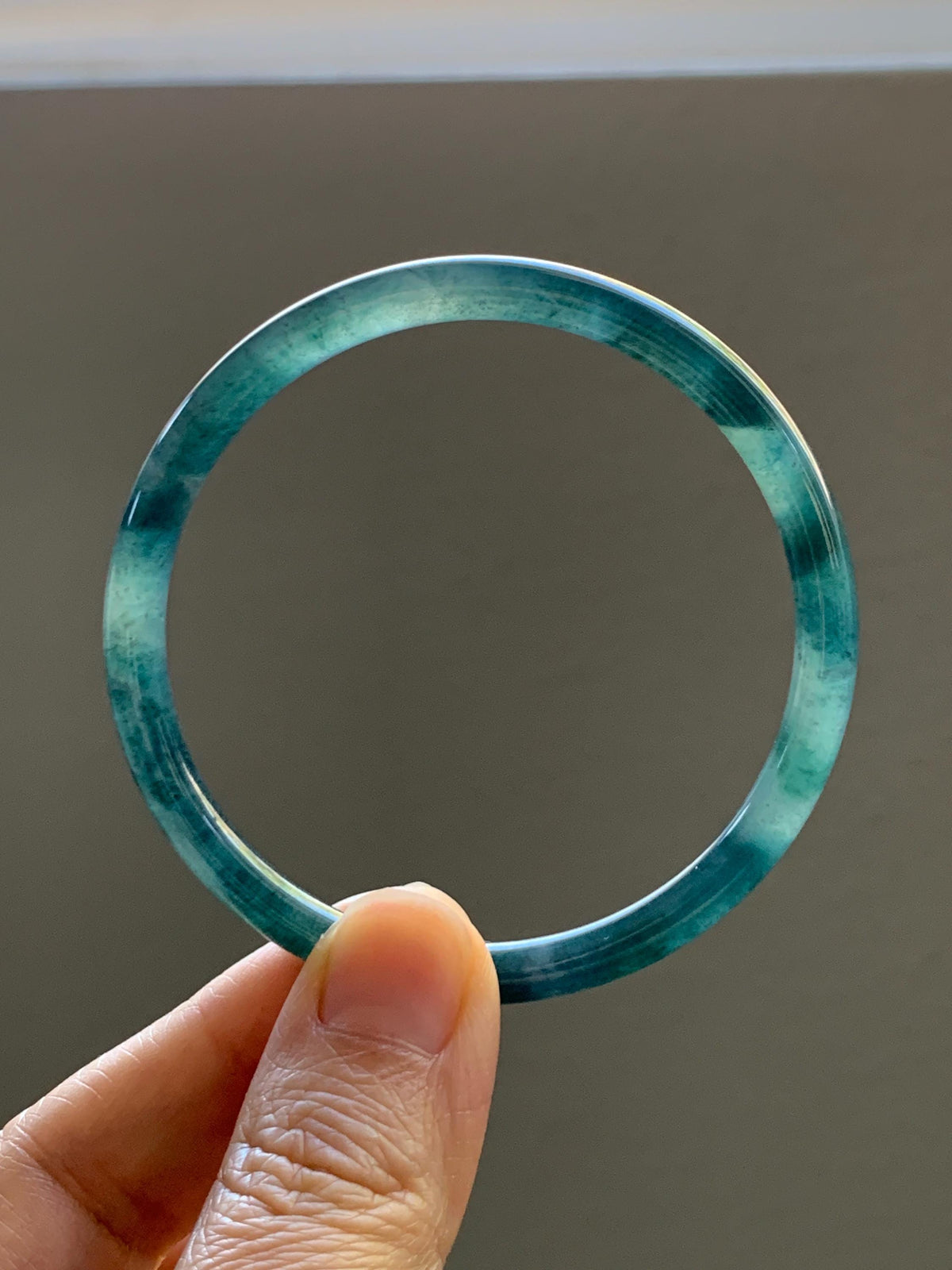 Certified Natural Grade A Guatemalan Icy Translucent Dark Dusty Teal Green Jade Jadeite Slim Bangle 56.27mm 6.95” 16.23g 天然冰胶危蓝绿翡翠细圆条手镯993