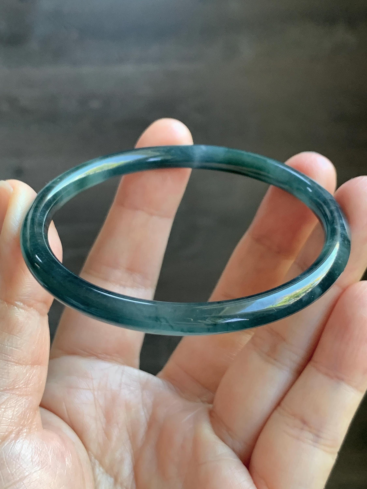 Certified Natural Grade A Guatemalan Icy Translucent Dark Dusty Teal Green Jade Jadeite Slim Bangle 56.27mm 6.95” 16.23g 天然冰胶危蓝绿翡翠细圆条手镯993