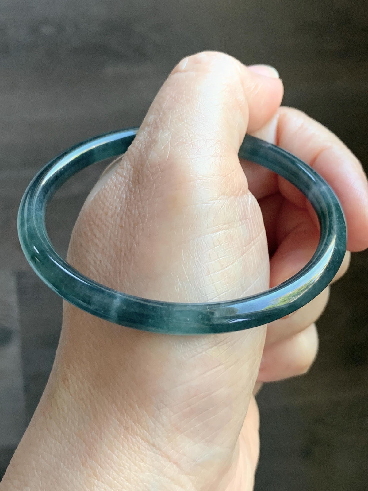 Certified Natural Grade A Guatemalan Icy Translucent Dark Dusty Teal Green Jade Jadeite Slim Bangle 56.27mm 6.95” 16.23g 天然冰胶危蓝绿翡翠细圆条手镯993