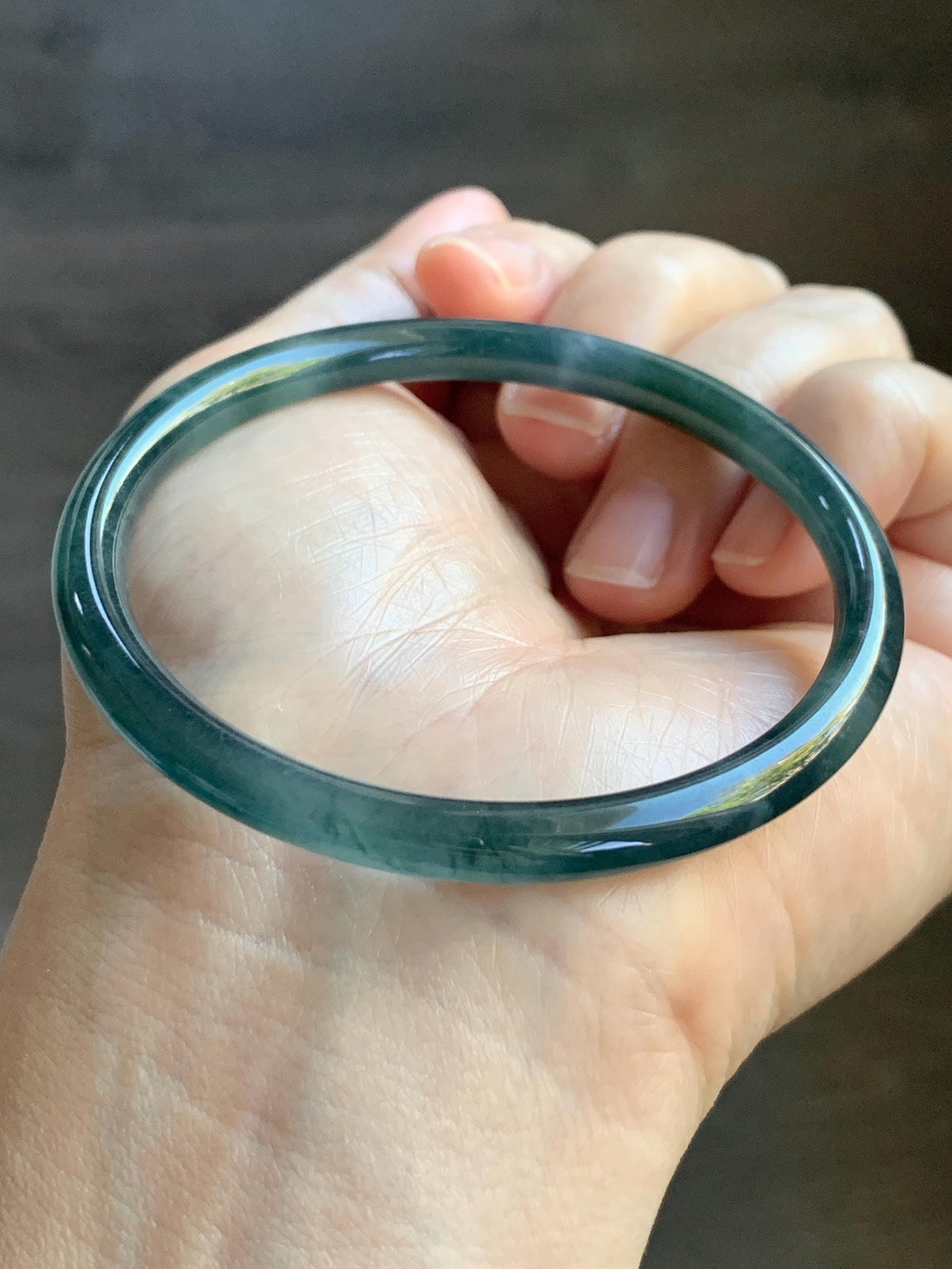 Certified Natural Grade A Guatemalan Icy Translucent Dark Dusty Teal Green Jade Jadeite Slim Bangle 56.27mm 6.95” 16.23g 天然冰胶危蓝绿翡翠细圆条手镯993