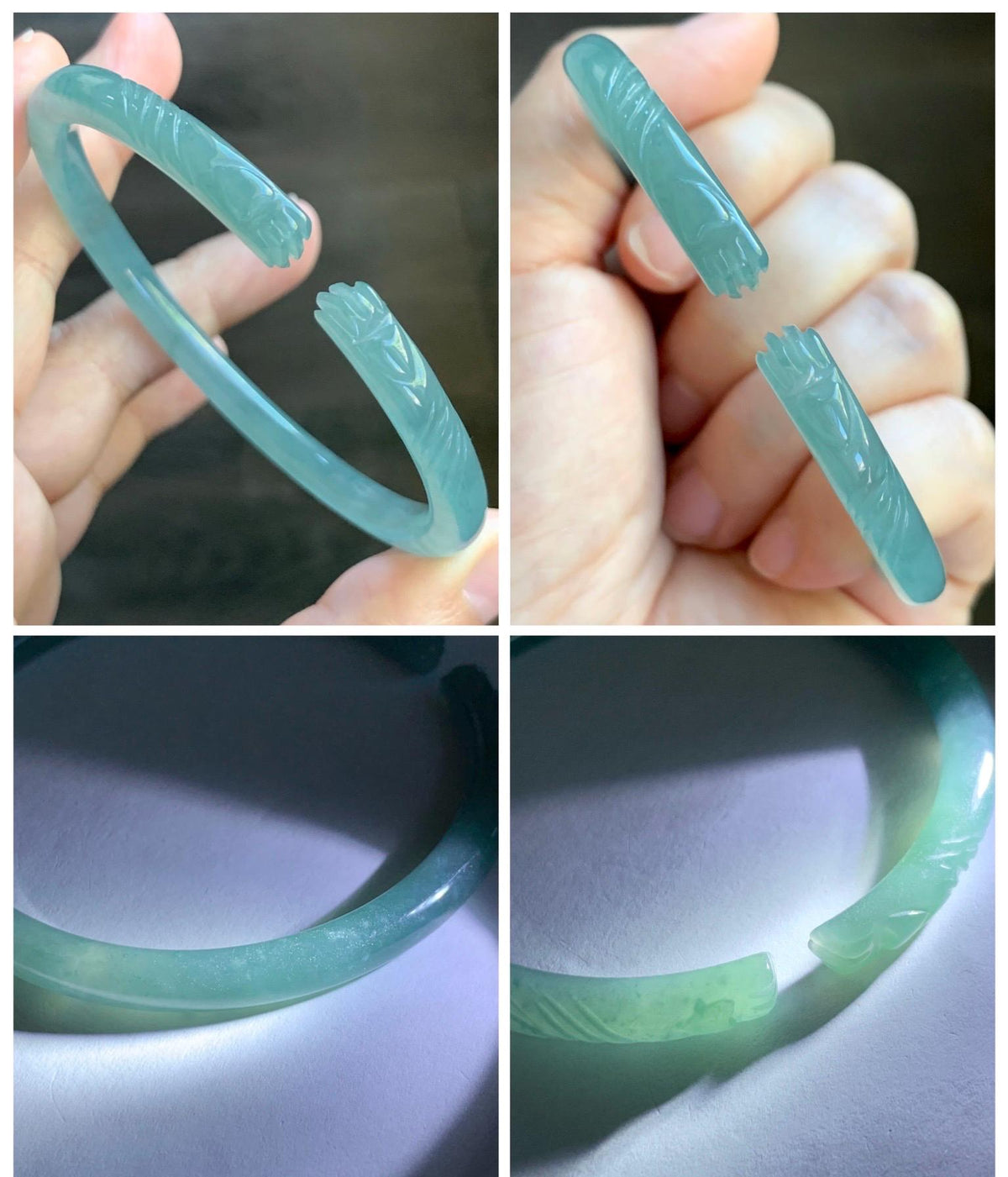 Certified Natural Grade A Guatemalan Icy Translucent Dusty Teal Jade Jadeite Carved Paw Print Open Bangle 61.04mm 7.55” 20g 天然冰危篮翡翠猫爪开口手镯955