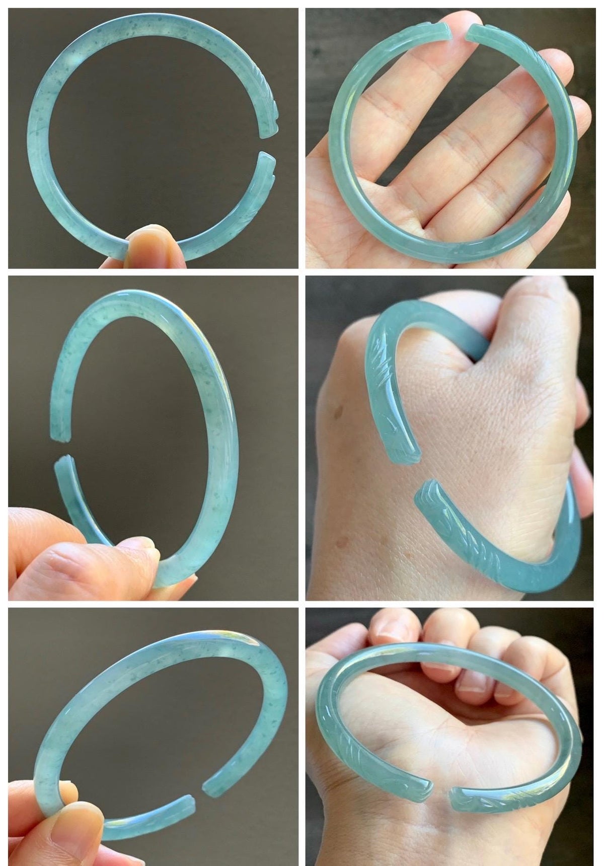 Certified Natural Grade A Guatemalan Icy Translucent Dusty Teal Jade Jadeite Carved Paw Print Open Bangle 61.04mm 7.55” 20g 天然冰危篮翡翠猫爪开口手镯955