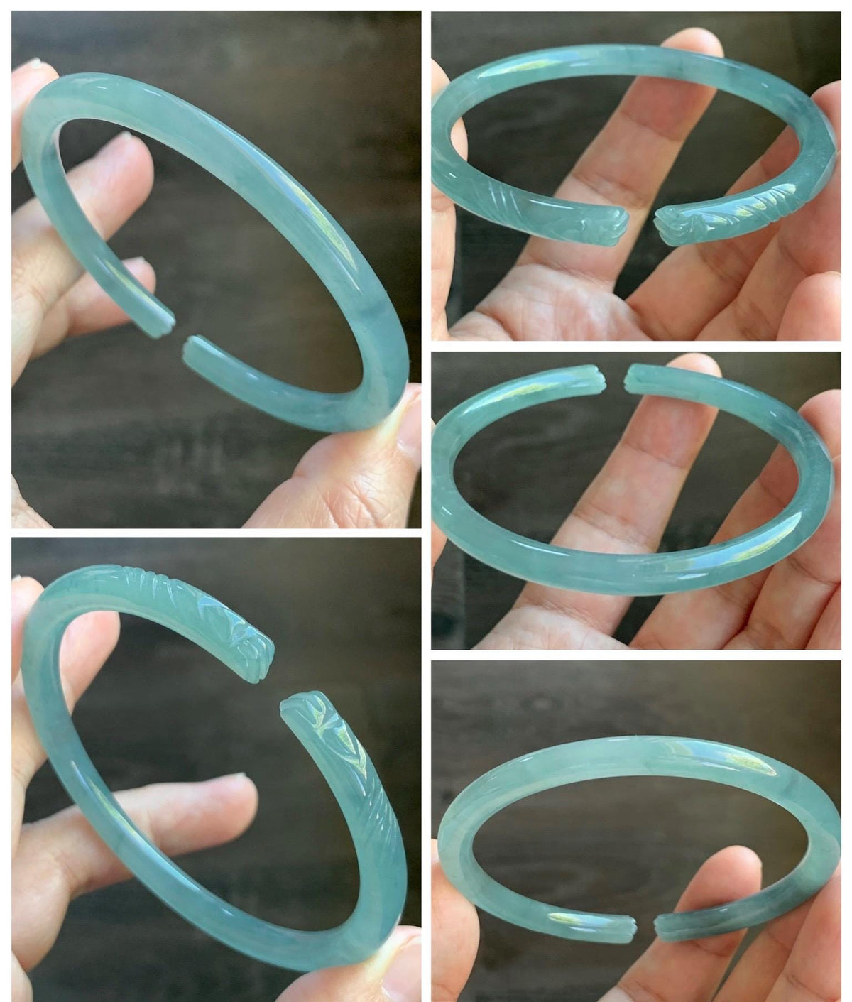 Certified Natural Grade A Guatemalan Icy Translucent Dusty Teal Jade Jadeite Carved Paw Print Open Bangle 61.04mm 7.55” 20g 天然冰危篮翡翠猫爪开口手镯955