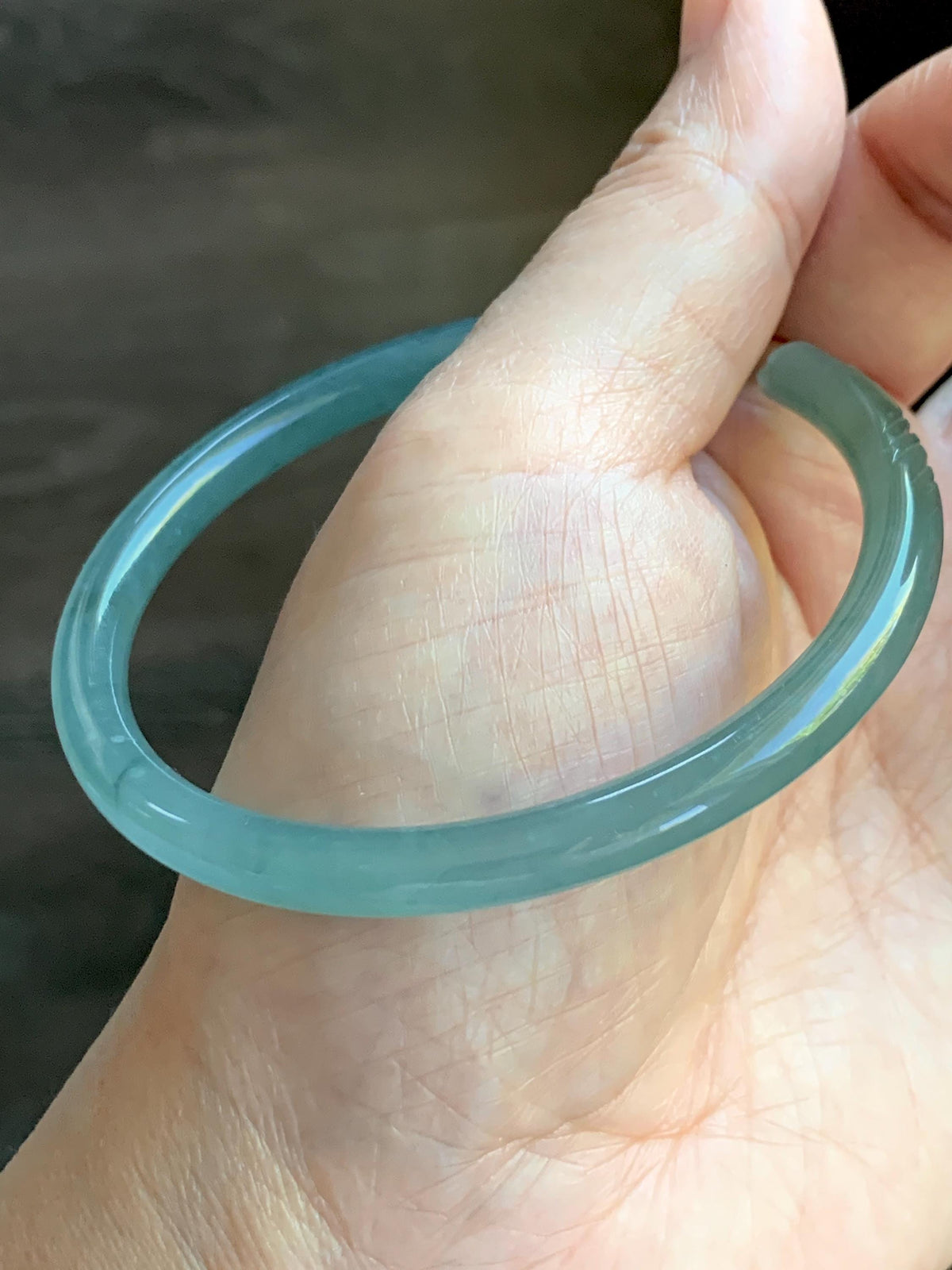 Certified Natural Grade A Guatemalan Icy Translucent Dusty Teal Jade Jadeite Carved Paw Print Open Bangle 61.04mm 7.55” 20g 天然冰危篮翡翠猫爪开口手镯955