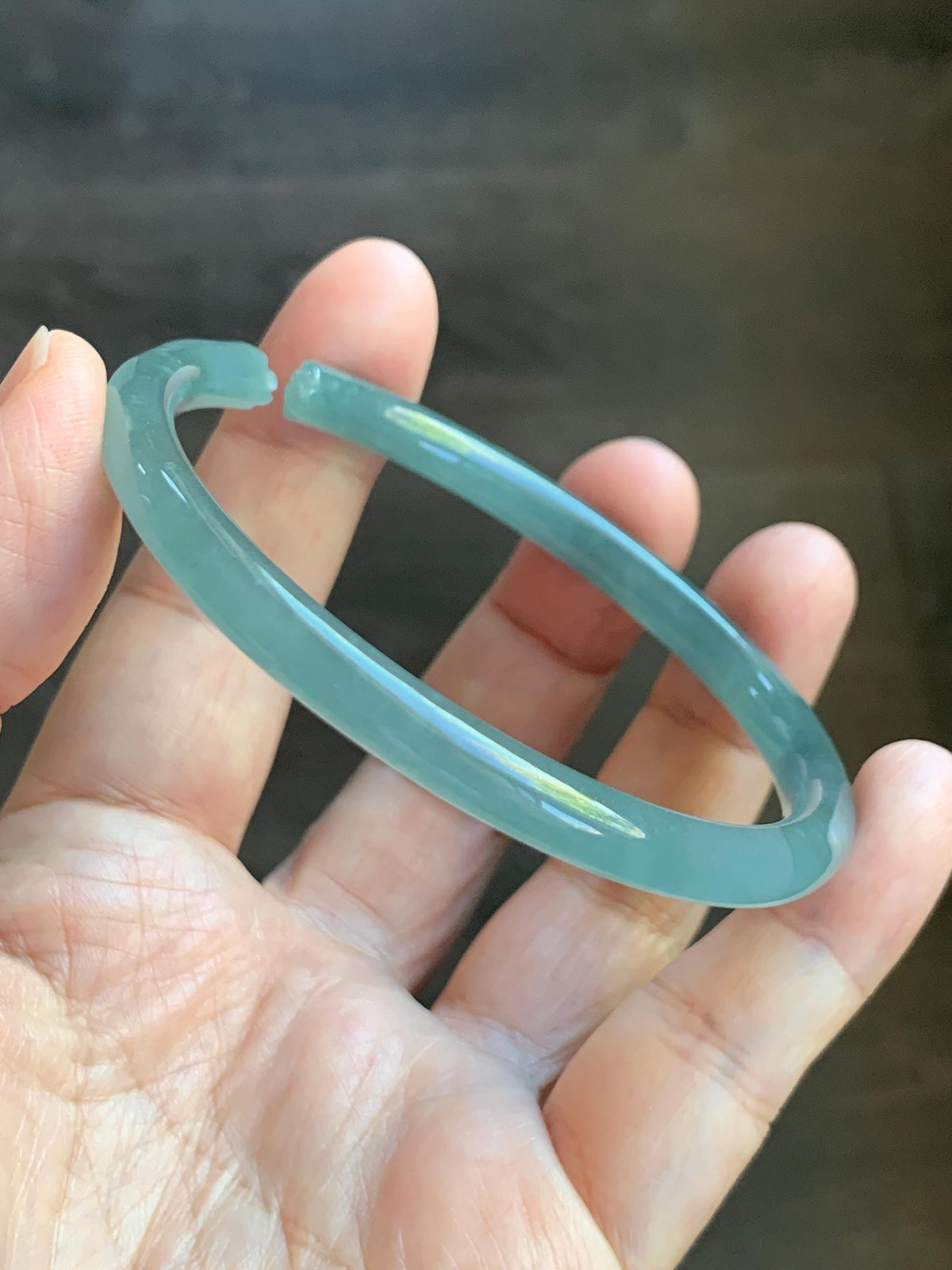 Certified Natural Grade A Guatemalan Icy Translucent Dusty Teal Jade Jadeite Carved Paw Print Open Bangle 61.04mm 7.55” 20g 天然冰危篮翡翠猫爪开口手镯955