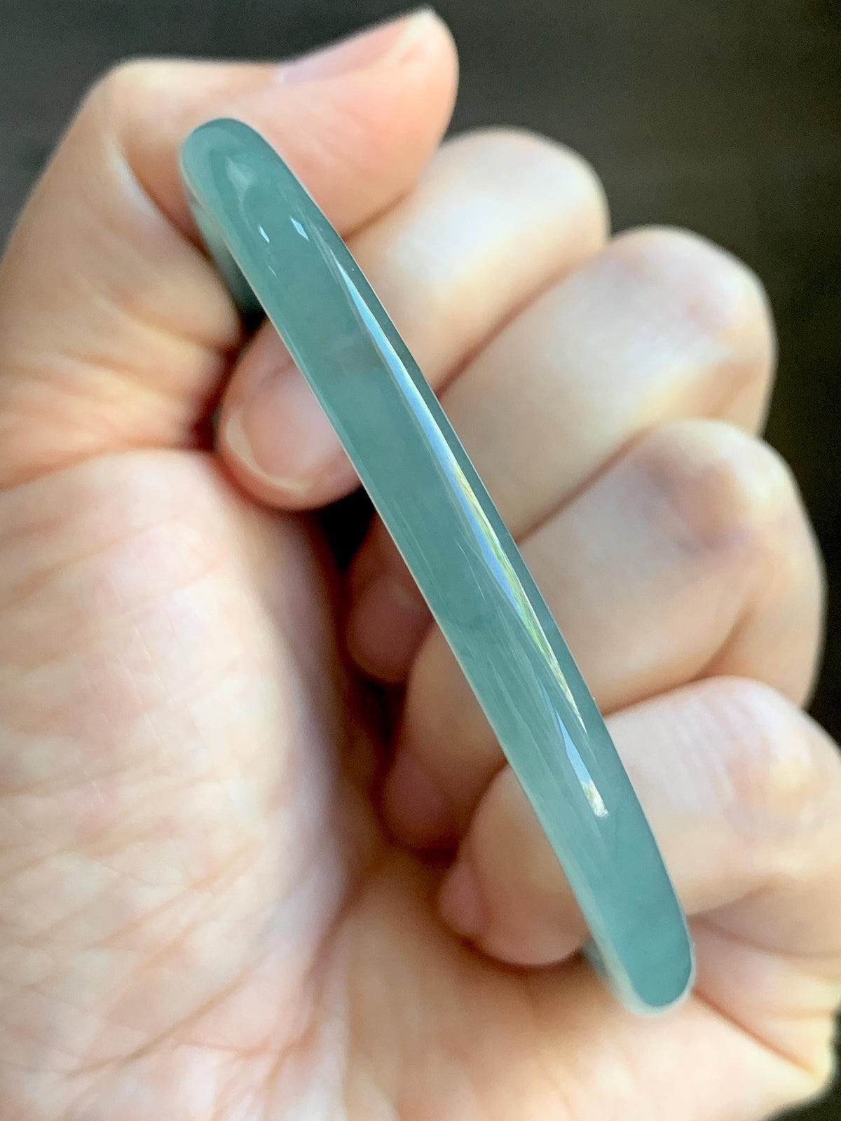 Certified Natural Grade A Guatemalan Icy Translucent Dusty Teal Jade Jadeite Carved Paw Print Open Bangle 61.04mm 7.55” 20g 天然冰危篮翡翠猫爪开口手镯955