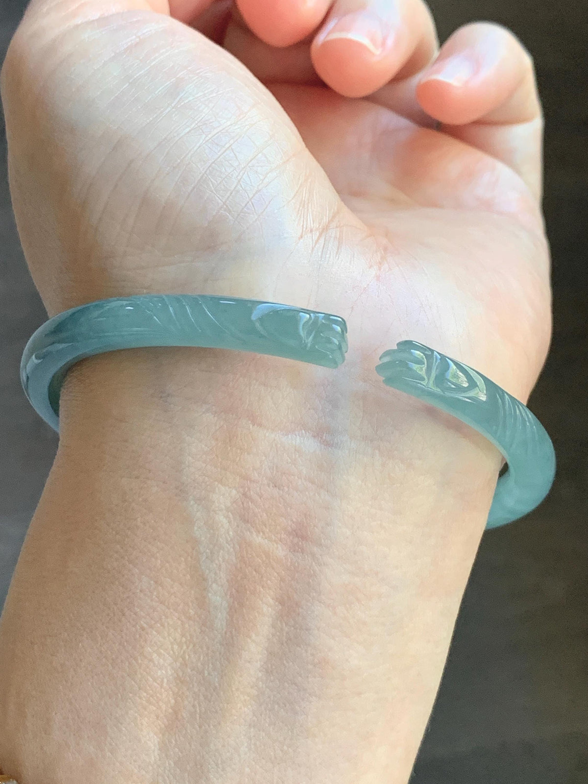 Certified Natural Grade A Guatemalan Icy Translucent Dusty Teal Jade Jadeite Carved Paw Print Open Bangle 61.04mm 7.55” 20g 天然冰危篮翡翠猫爪开口手镯955