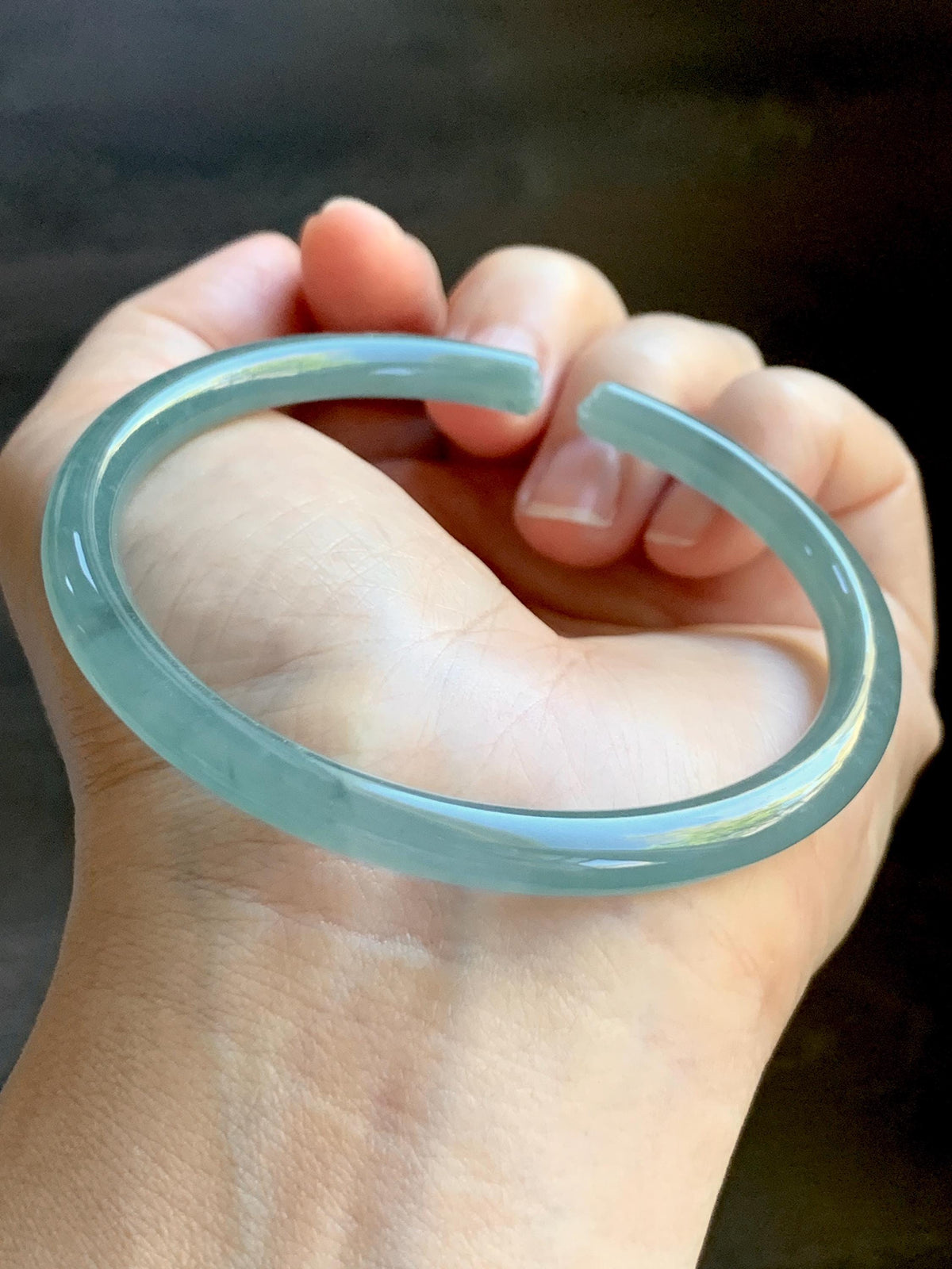 Certified Natural Grade A Guatemalan Icy Translucent Dusty Teal Jade Jadeite Carved Paw Print Open Bangle 61.04mm 7.55” 20g 天然冰危篮翡翠猫爪开口手镯955
