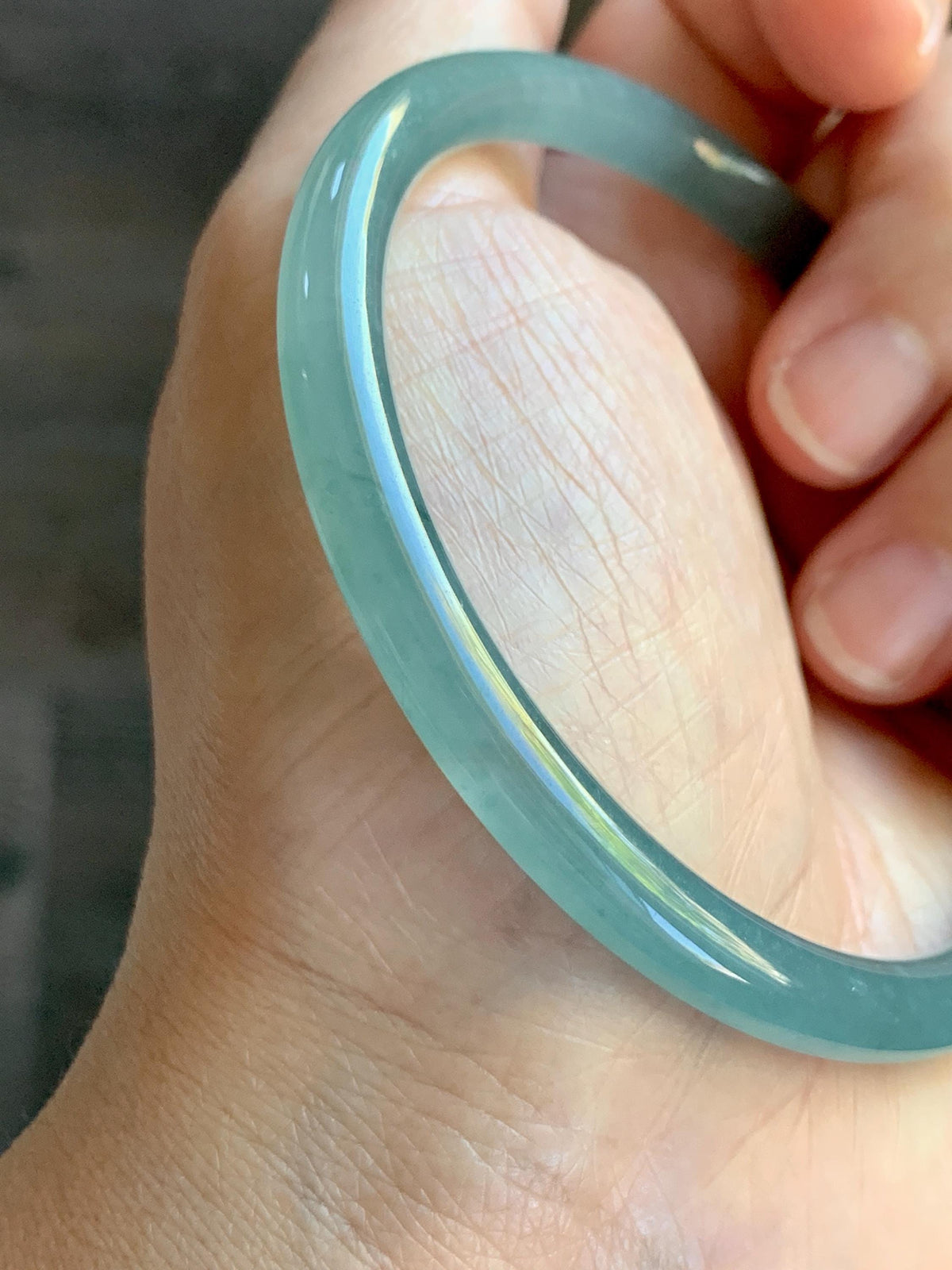 Certified Natural Grade A Guatemalan Icy Translucent Dusty Teal Jade Jadeite Carved Paw Print Open Bangle 61.04mm 7.55” 20g 天然冰危篮翡翠猫爪开口手镯955