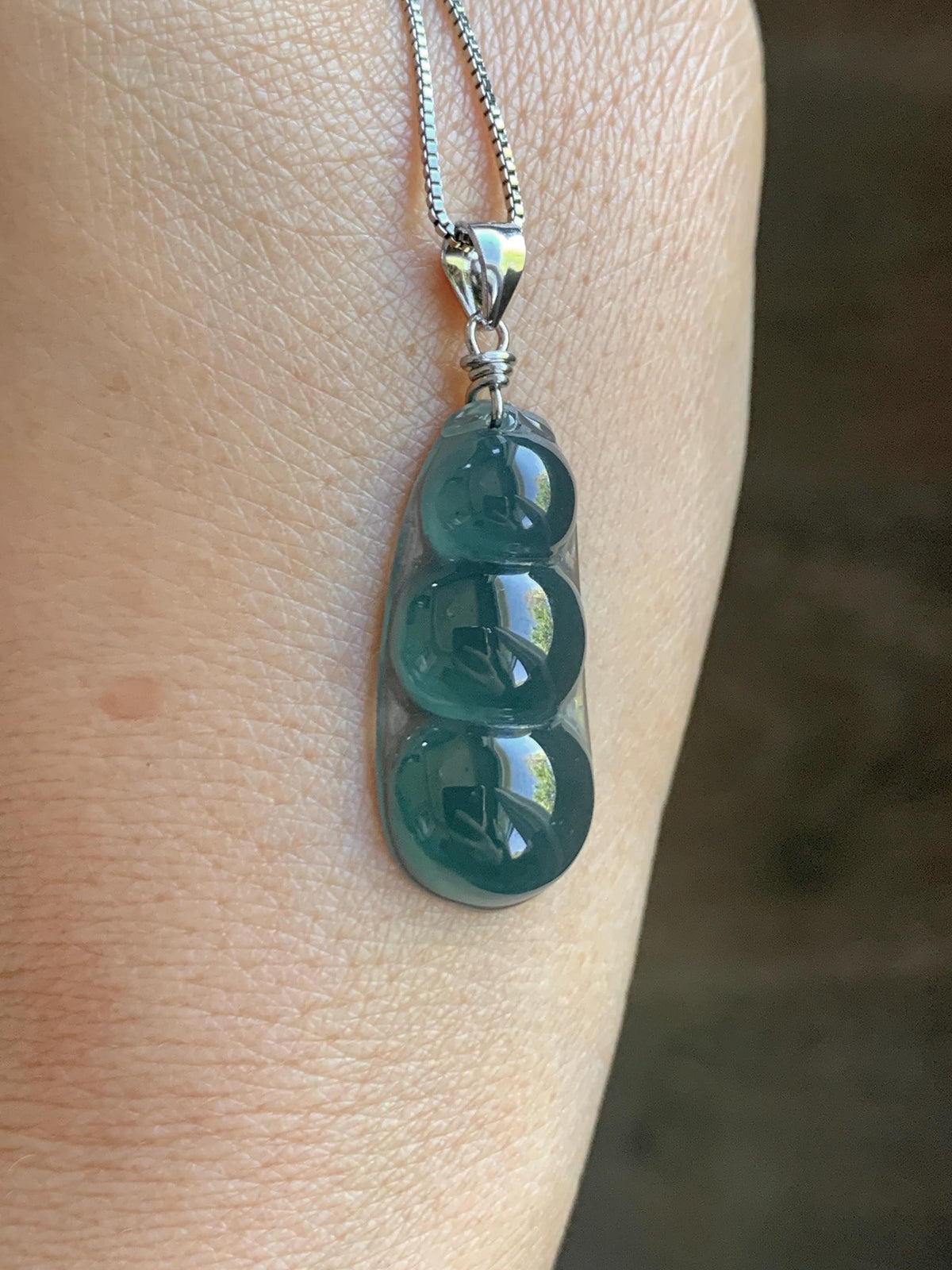 Natural Grade A Guatemalan Icy Translucent Dark Teal Blue Jade Jadeite Carved Peapod Pendant Sterling Silver 4g 天然冰危深蓝翡翠福豆吊坠 WLD90B