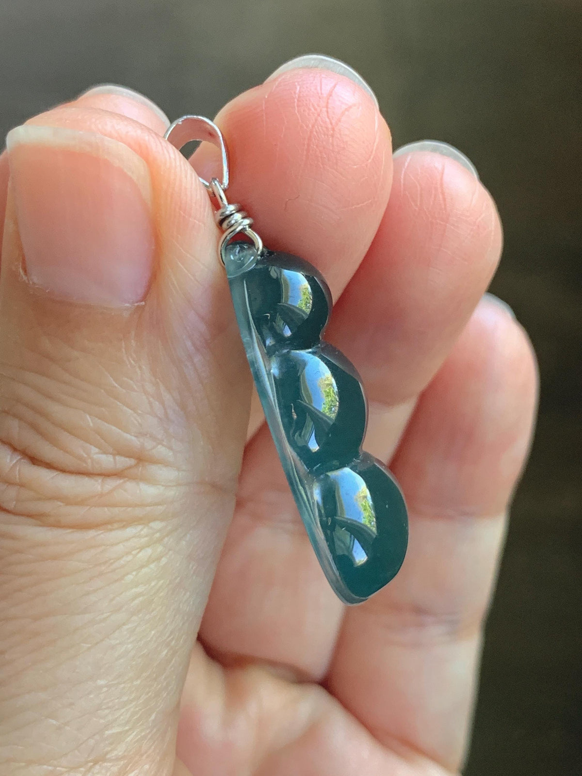 Natural Grade A Guatemalan Icy Translucent Dark Teal Blue Jade Jadeite Carved Peapod Pendant Sterling Silver 4g 天然冰危深蓝翡翠福豆吊坠 WLD90B