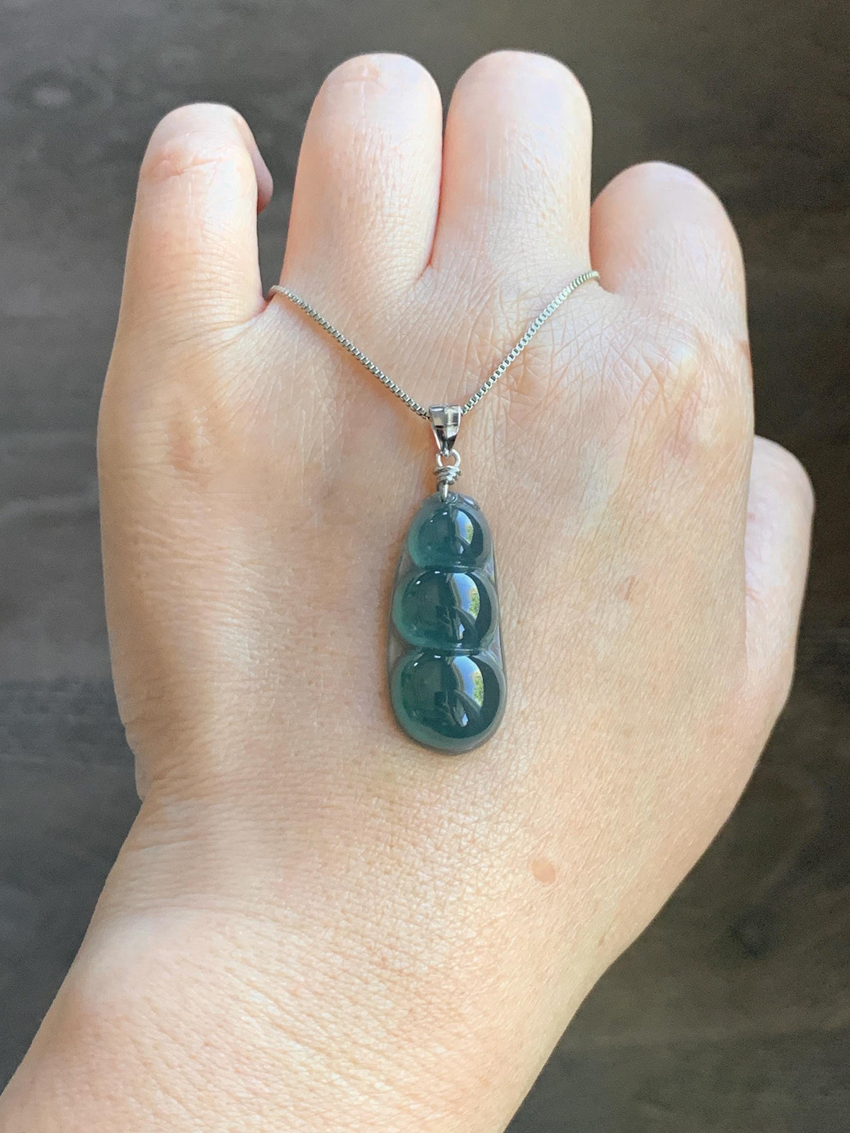Natural Grade A Guatemalan Icy Translucent Dark Teal Blue Jade Jadeite Carved Peapod Pendant Sterling Silver 4g 天然冰危深蓝翡翠福豆吊坠 WLD90B