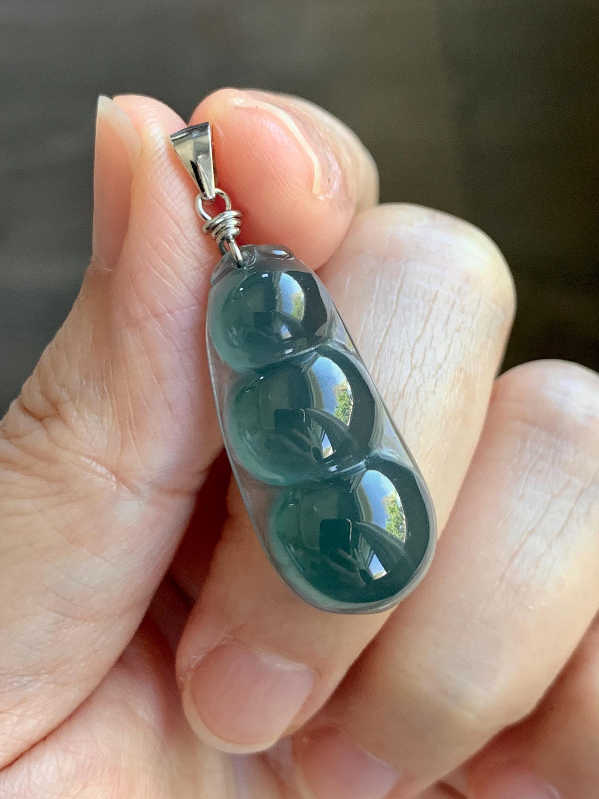 Natural Grade A Guatemalan Icy Translucent Dark Teal Blue Jade Jadeite Carved Peapod Pendant Sterling Silver 4g 天然冰危深蓝翡翠福豆吊坠 WLD90B