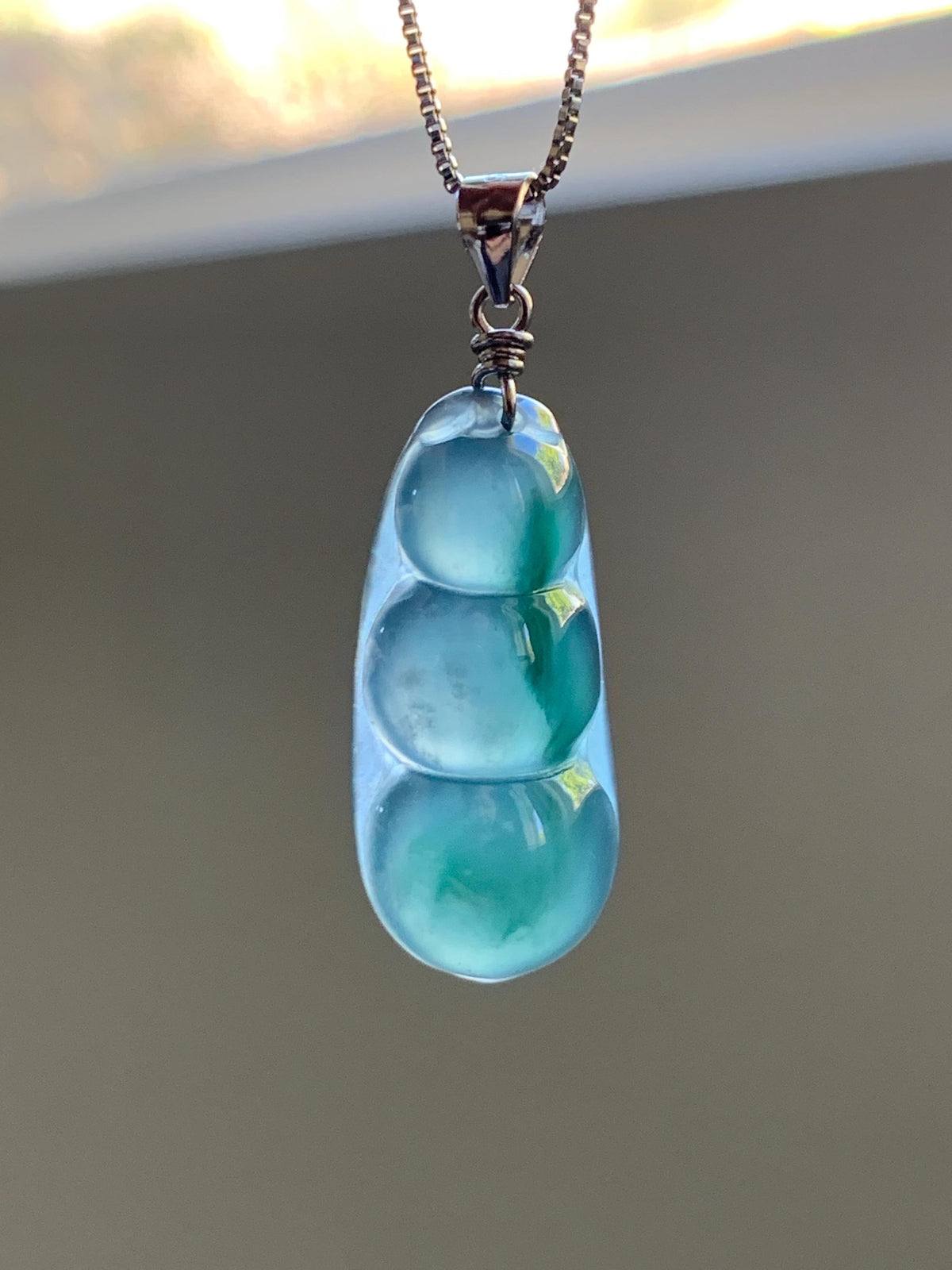 Natural Grade A Guatemalan Icy Translucent Dark Teal Blue Jade Jadeite Carved Peapod Pendant Sterling Silver 4g 天然冰危深蓝翡翠福豆吊坠 WLD90A