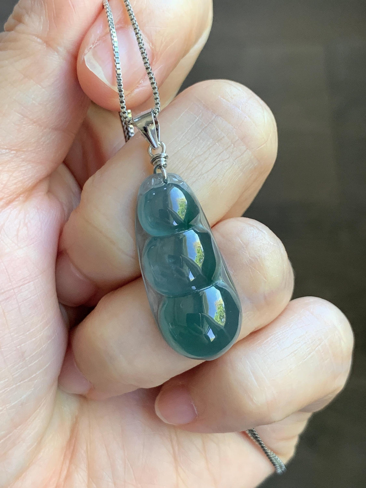 Natural Grade A Guatemalan Icy Translucent Dark Teal Blue Jade Jadeite Carved Peapod Pendant Sterling Silver 4g 天然冰危深蓝翡翠福豆吊坠 WLD90A