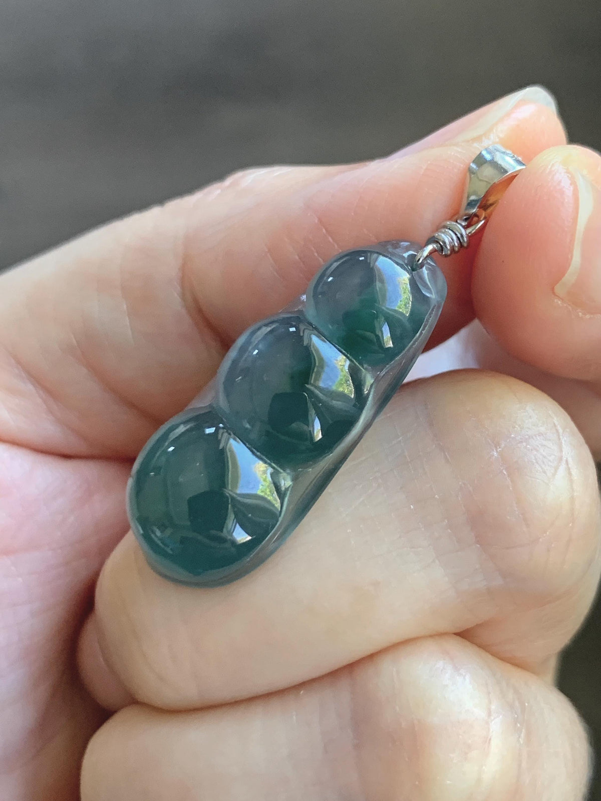 Natural Grade A Guatemalan Icy Translucent Dark Teal Blue Jade Jadeite Carved Peapod Pendant Sterling Silver 4g 天然冰危深蓝翡翠福豆吊坠 WLD90A