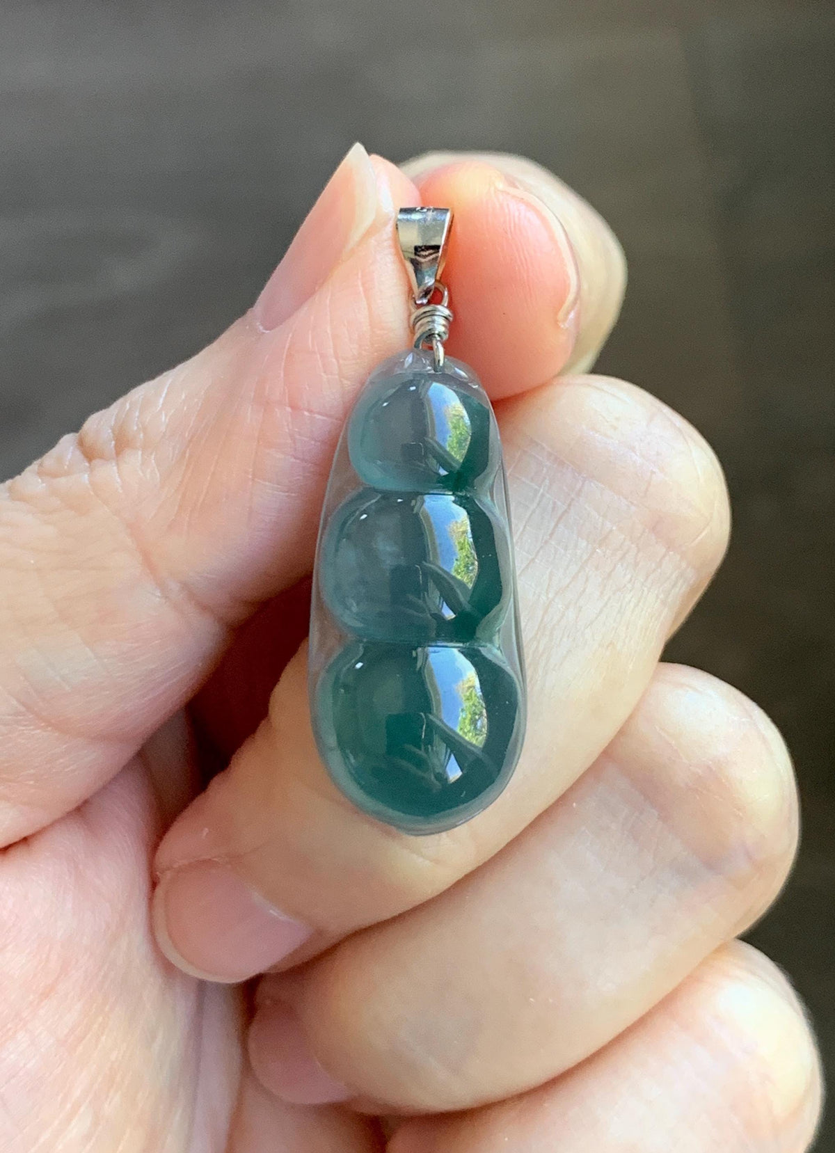 Natural Grade A Guatemalan Icy Translucent Dark Teal Blue Jade Jadeite Carved Peapod Pendant Sterling Silver 4g 天然冰危深蓝翡翠福豆吊坠 WLD90A
