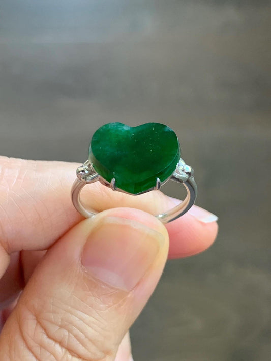 Certified Natural Grade A Guatemalan Icy Translucent Deep Green Jade Jadeite Heart Ring Sterling Silver Size 7.25 US 3.7g 天然冰危深绿翡翠爱心银镶戒指1037