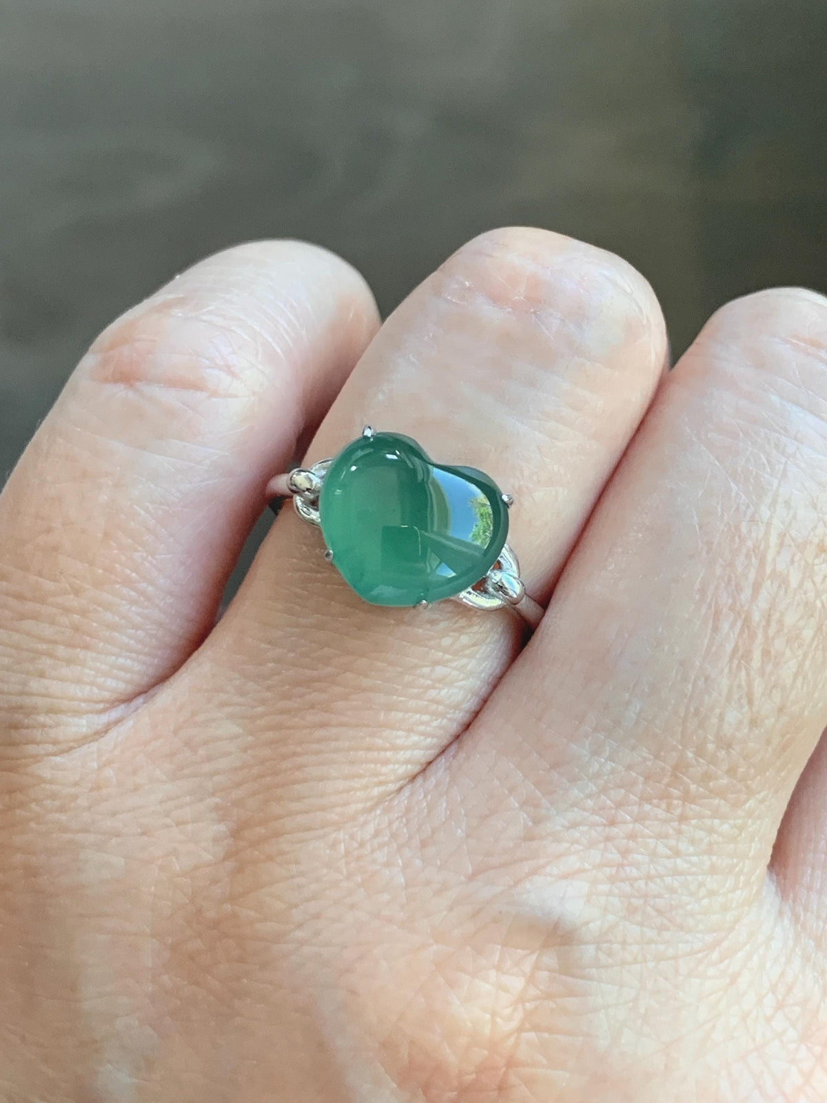 Certified Natural Grade A Guatemalan Icy Translucent Teal Green Jade Jadeite Heart Ring Sterling Silver Size 7.25 US 3g 天然冰危蓝绿翡翠爱心银镶戒指 1038