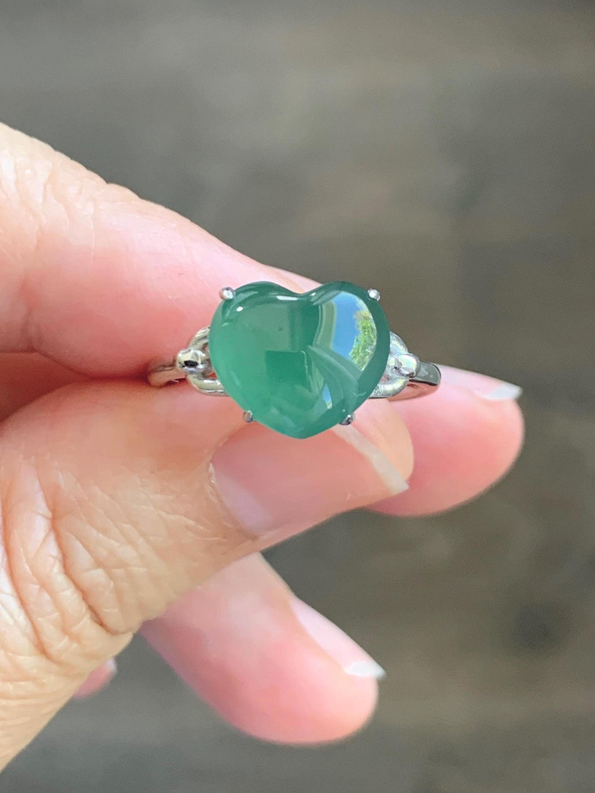 Certified Natural Grade A Guatemalan Icy Translucent Teal Green Jade Jadeite Heart Ring Sterling Silver Size 7.25 US 3g 天然冰危蓝绿翡翠爱心银镶戒指 1038