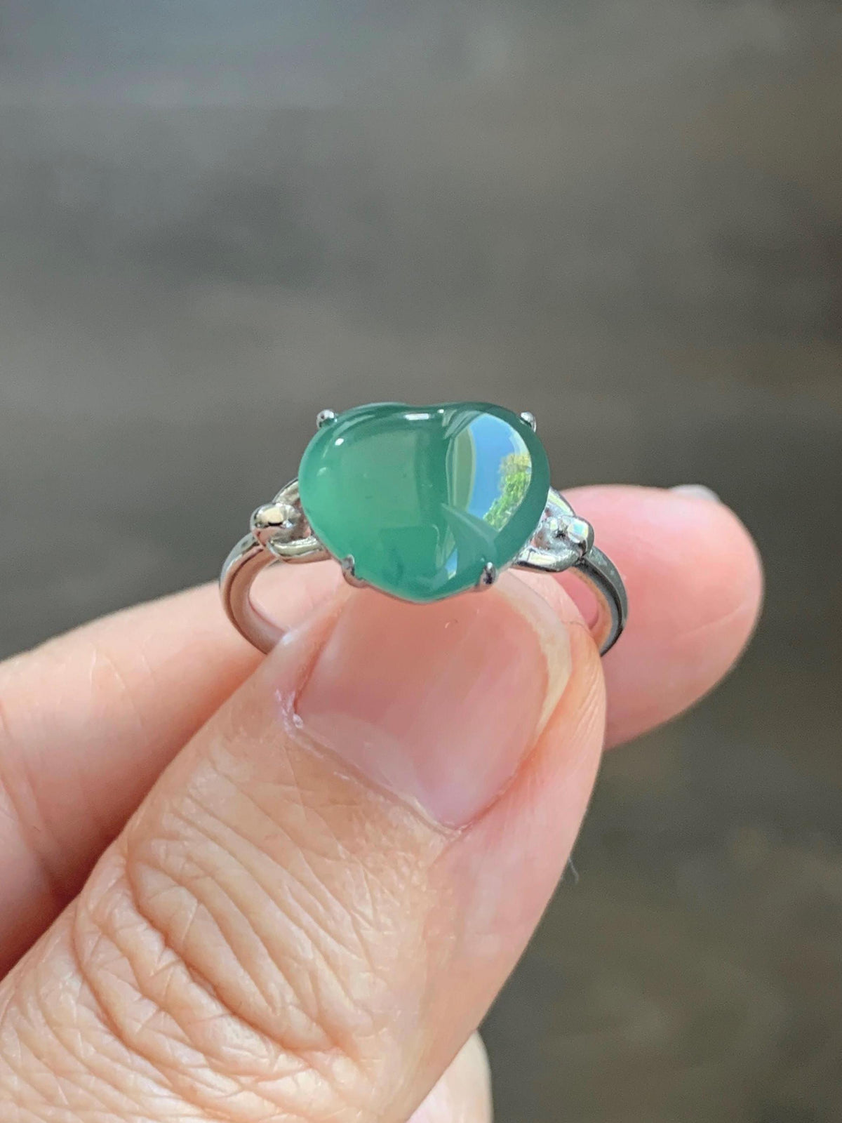 Certified Natural Grade A Guatemalan Icy Translucent Teal Green Jade Jadeite Heart Ring Sterling Silver Size 7.25 US 3g 天然冰危蓝绿翡翠爱心银镶戒指 1038