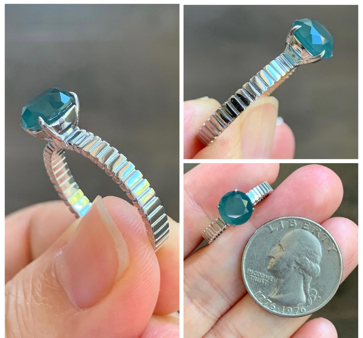 Certified Grade A Natural Guatemalan Icy Dark Teal Blue Diamond Faceted Jade Jadeite Ring Sterling Silver Size 7 US 3g 天然冰危深蓝钻石切割面翡翠戒指 1039