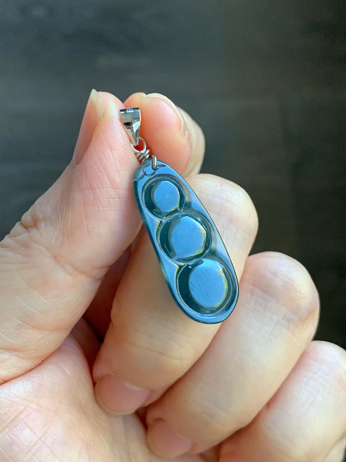 Natural Grade A Guatemalan Icy Translucent Dark Teal Blue Jade Jadeite Carved Peapod Pendant Sterling Silver 4g 天然冰危深蓝翡翠福豆吊坠 WLD90F