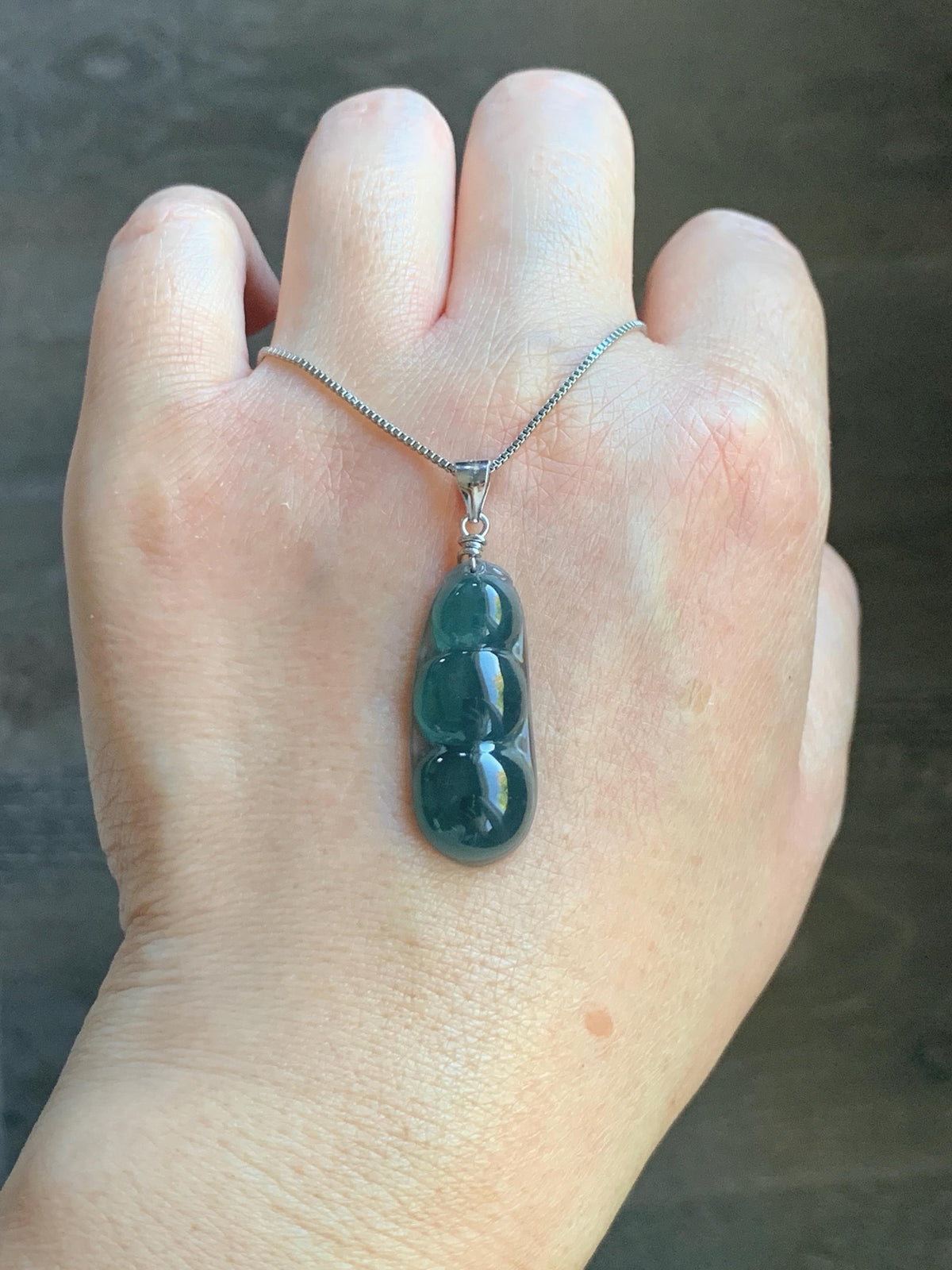 Natural Grade A Guatemalan Icy Translucent Dark Teal Blue Jade Jadeite Carved Peapod Pendant Sterling Silver 4g 天然冰危深蓝翡翠福豆吊坠 WLD90F