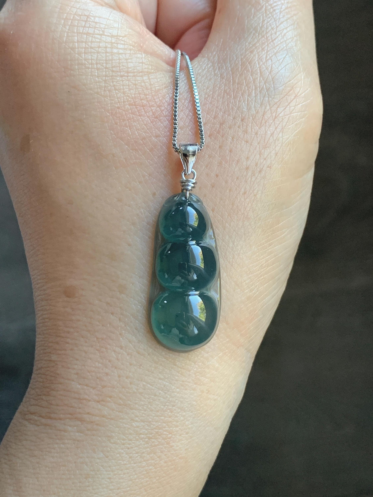 Natural Grade A Guatemalan Icy Translucent Dark Teal Green Jade Jadeite Carved Peapod Pendant Sterling Silver 4g 天然冰危深蓝绿翡翠福豆吊坠 WLD90E