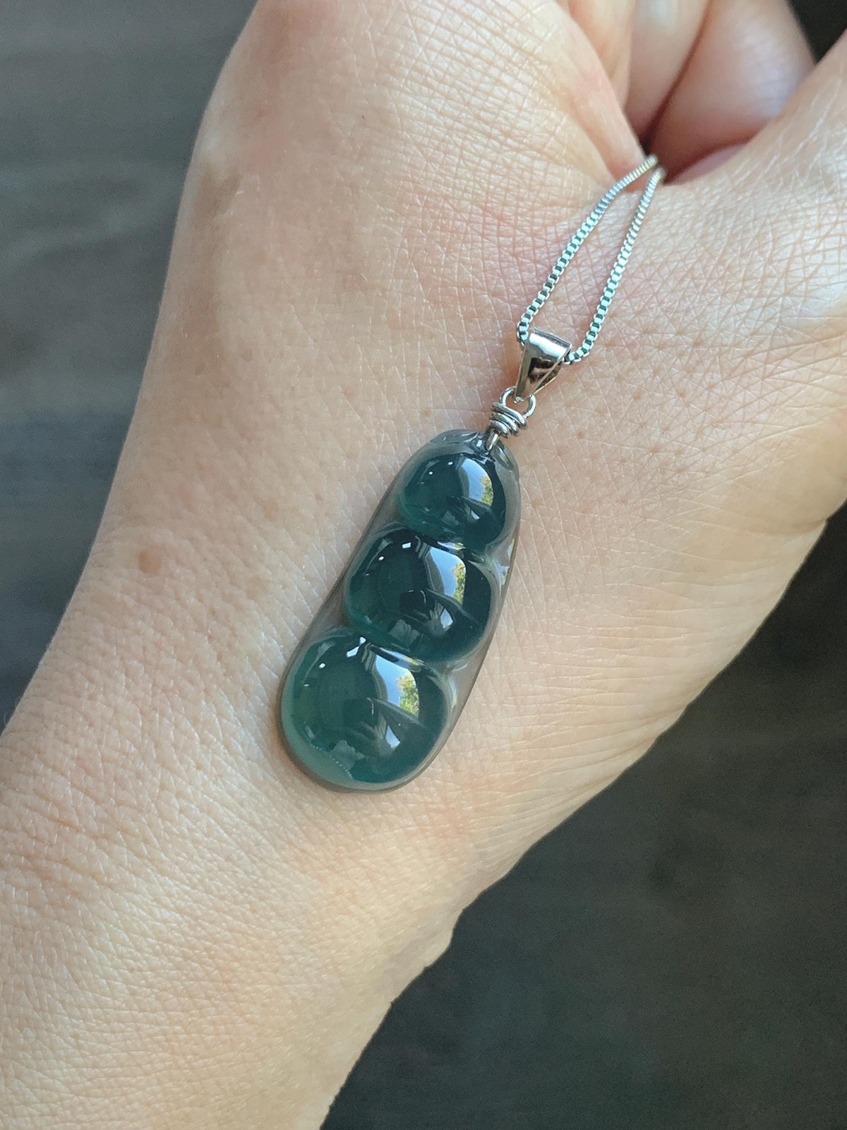 Natural Grade A Guatemalan Icy Translucent Dark Teal Green Jade Jadeite Carved Peapod Pendant Sterling Silver 4g 天然冰危深蓝绿翡翠福豆吊坠 WLD90E
