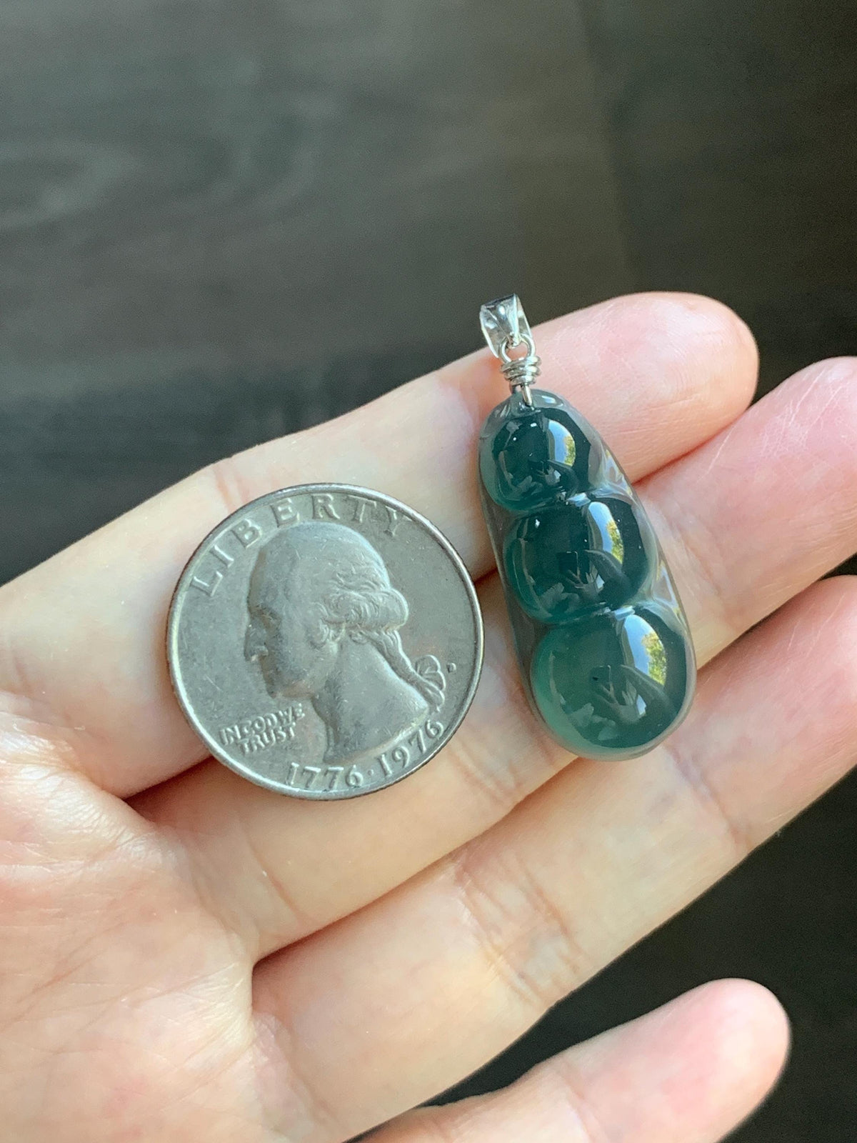 Natural Grade A Guatemalan Icy Translucent Dark Teal Green Jade Jadeite Carved Peapod Pendant Sterling Silver 4g 天然冰危深蓝绿翡翠福豆吊坠 WLD90E