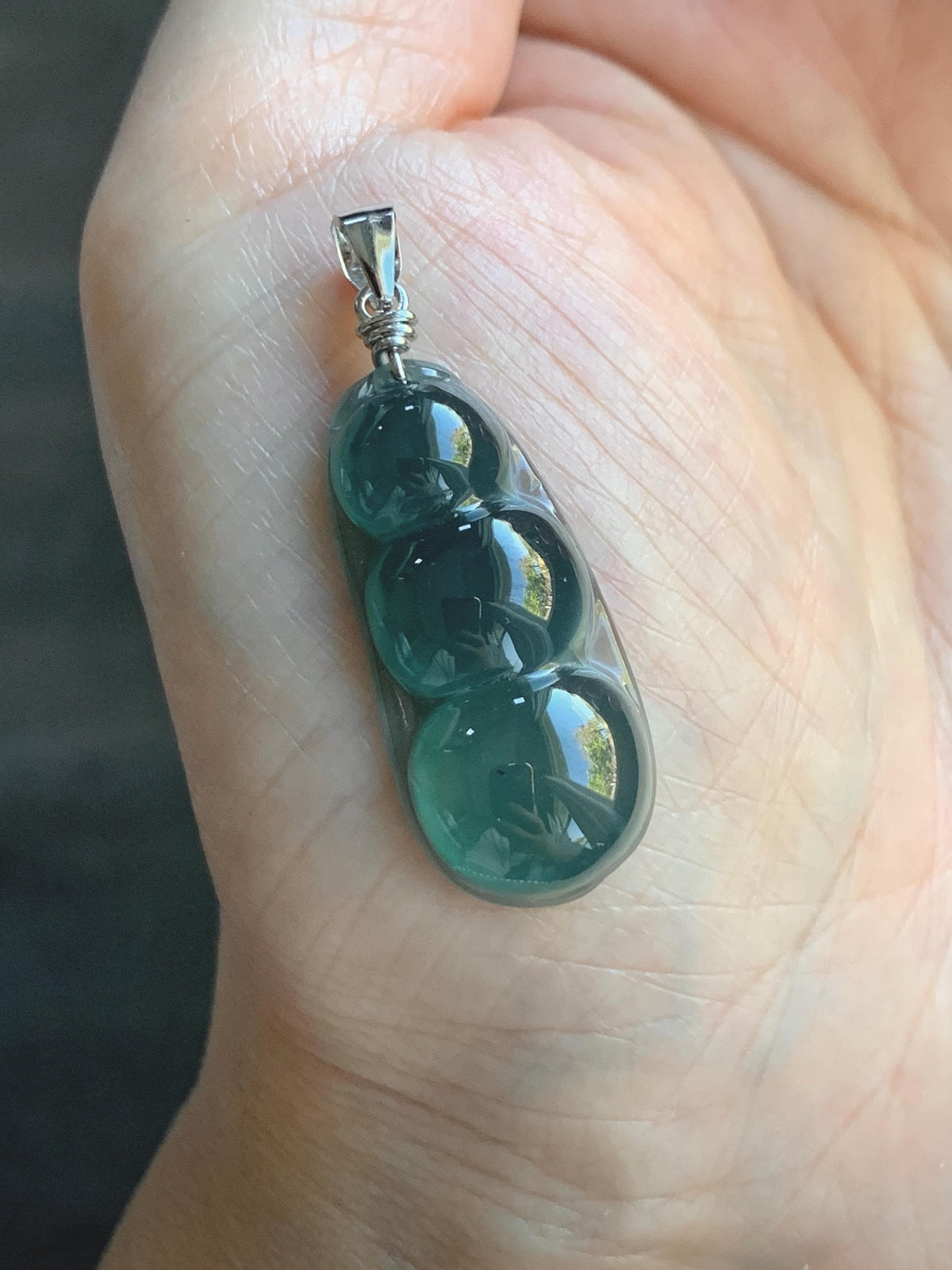 Natural Grade A Guatemalan Icy Translucent Dark Teal Green Jade Jadeite Carved Peapod Pendant Sterling Silver 4g 天然冰危深蓝绿翡翠福豆吊坠 WLD90E