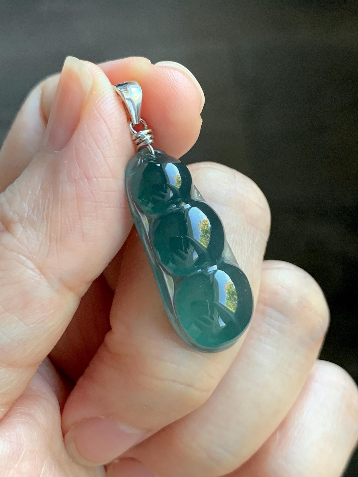 Natural Grade A Guatemalan Icy Translucent Dark Teal Green Jade Jadeite Carved Peapod Pendant Sterling Silver 4g 天然冰危深蓝绿翡翠福豆吊坠 WLD90E