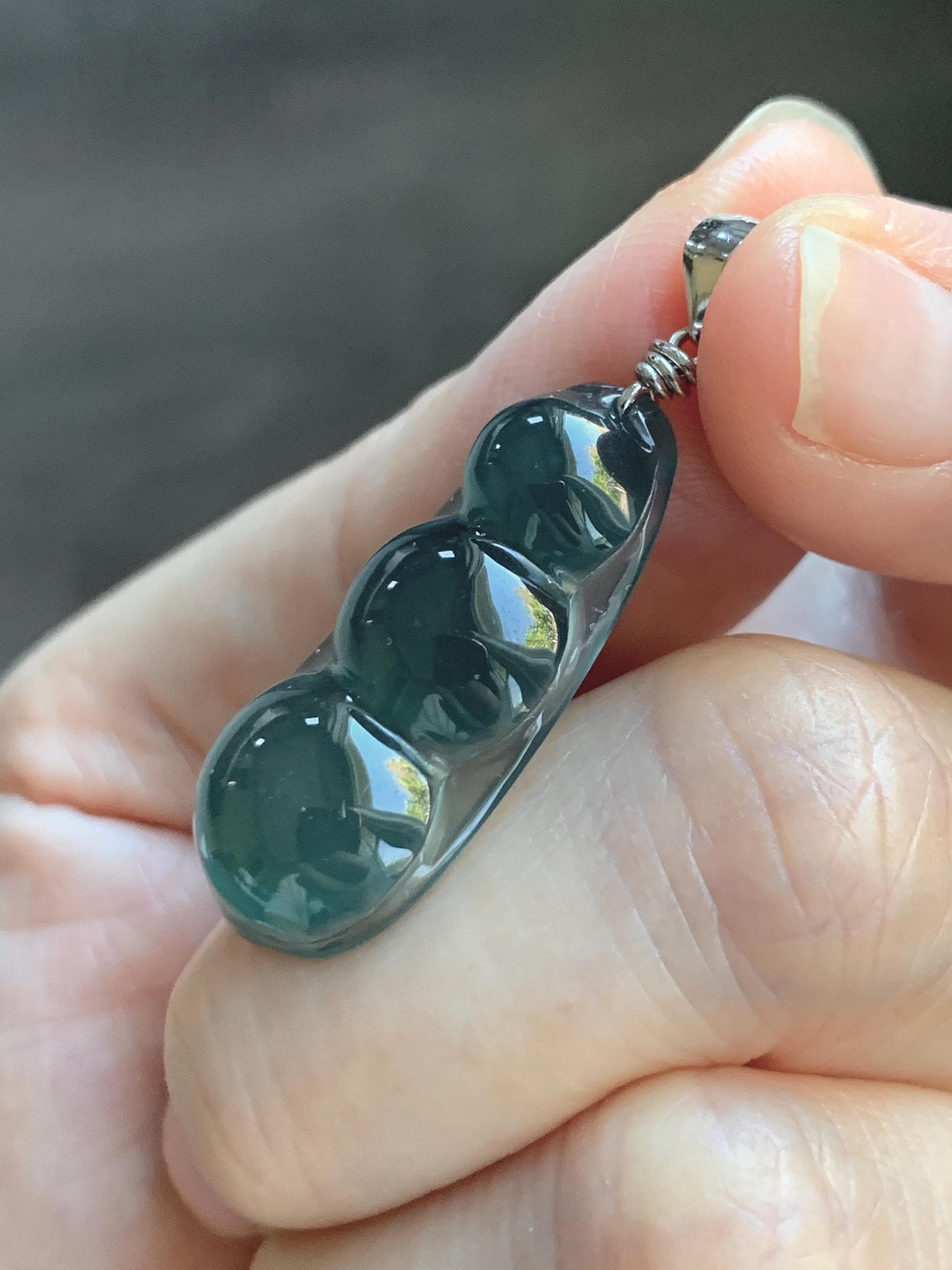 Natural Grade A Guatemalan Icy Translucent Dark Teal Green Jade Jadeite Carved Peapod Pendant Sterling Silver 4g 天然冰危深蓝绿翡翠福豆吊坠 WLD90E