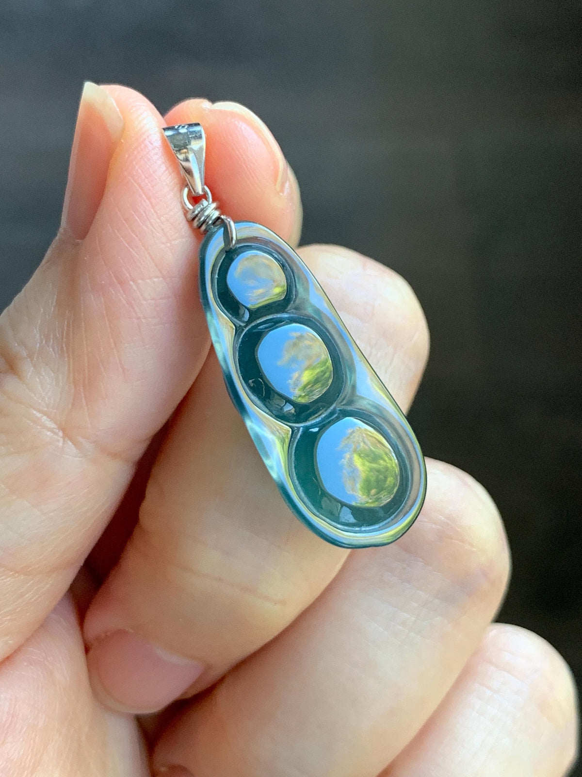 Natural Grade A Guatemalan Icy Translucent Dark Teal Green Jade Jadeite Carved Peapod Pendant Sterling Silver 4g 天然冰危深蓝绿翡翠福豆吊坠 WLD90E