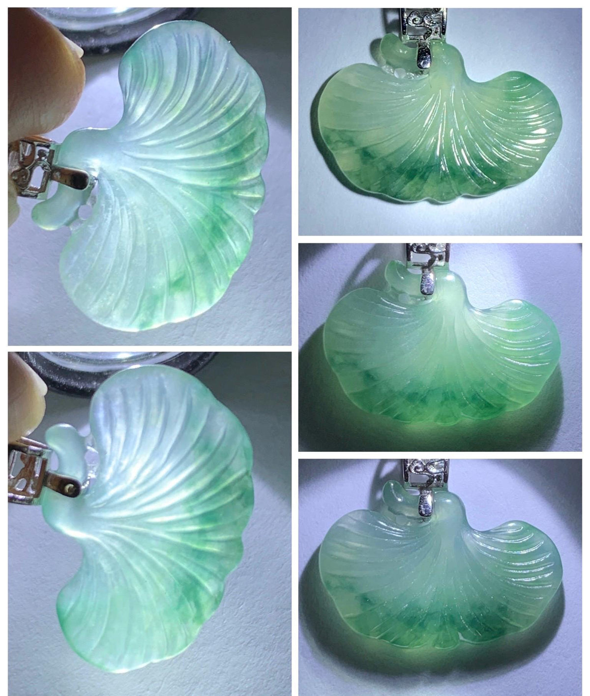 Petite Natural Grade A Icy Highly Translucent Dark Green Marbled Jade Jadeite Ginkgo Leaf Pendant Sterling Silver 天然冰胶飘花翡翠银杏叶迷你吊坠 MYX330A