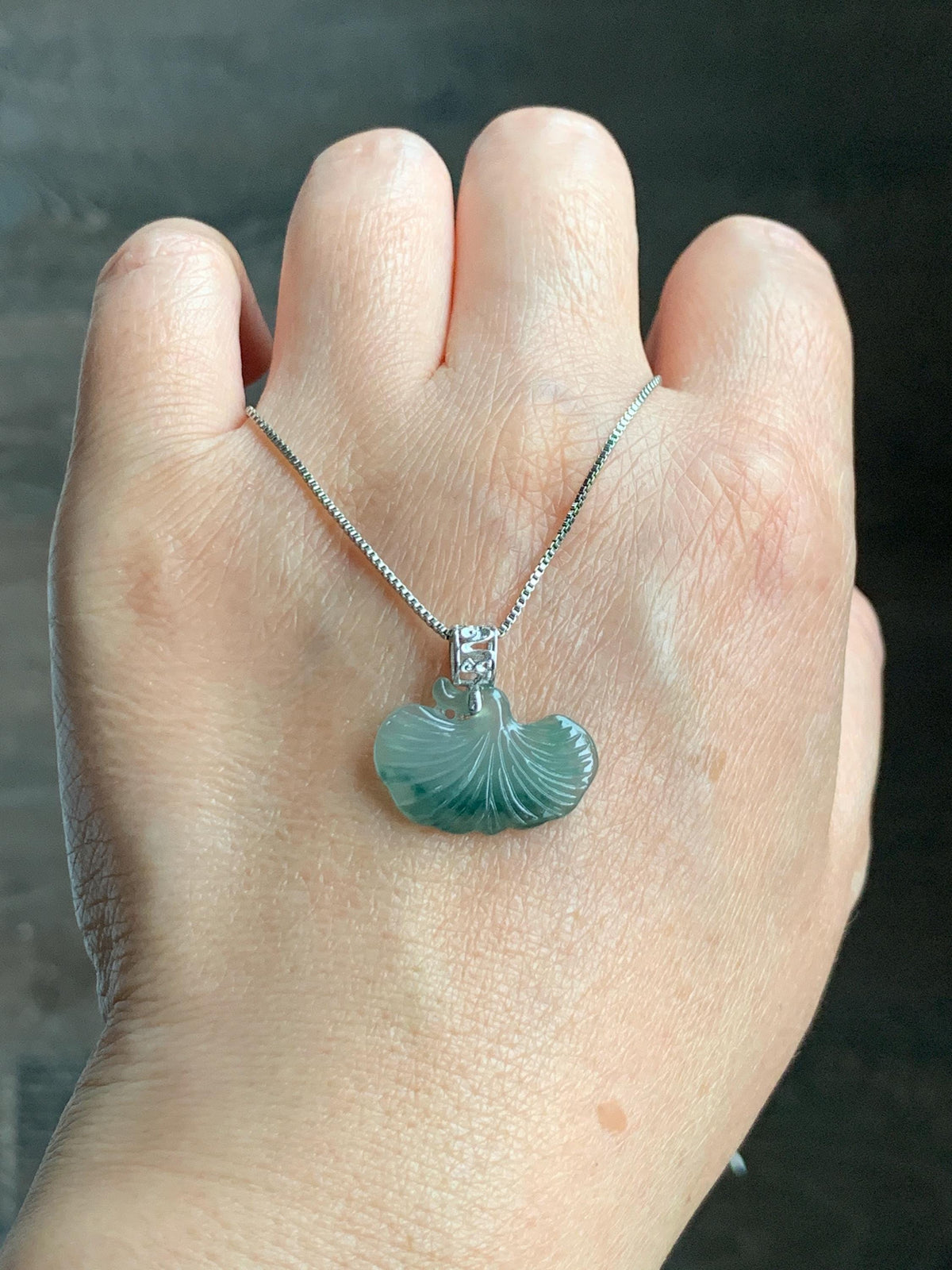 Petite Natural Grade A Icy Highly Translucent Dark Green Marbled Jade Jadeite Ginkgo Leaf Pendant Sterling Silver 天然冰胶飘花翡翠银杏叶迷你吊坠 MYX330A