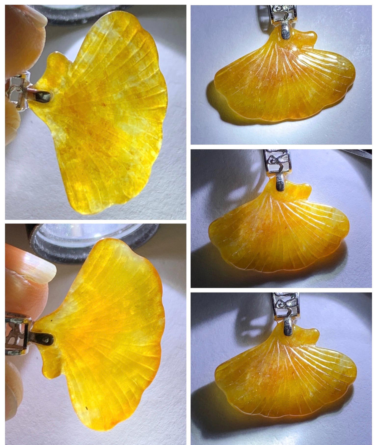 Petite Natural Grade A Icy Translucent Rich Honey Brown Jade Jadeite Ginkgo Leaf Pendant Sterling Silver 天然冰油黄翡翠银杏叶迷你吊坠 MYX330B