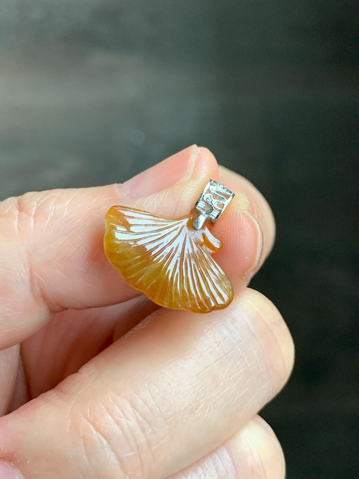 Petite Natural Grade A Icy Translucent Rich Honey Brown Jade Jadeite Ginkgo Leaf Pendant Sterling Silver 天然冰油黄翡翠银杏叶迷你吊坠 MYX330B