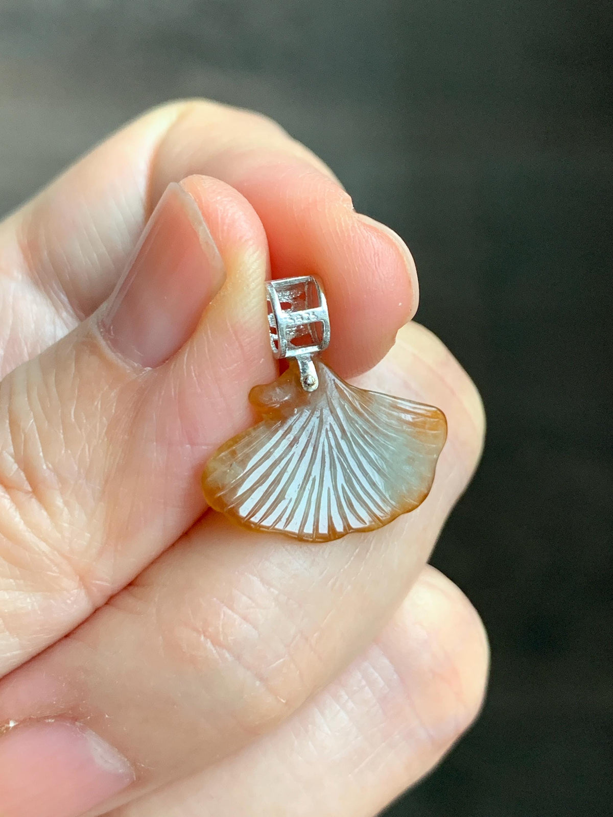 Petite Natural Grade A Icy Translucent Rich Honey Brown Jade Jadeite Ginkgo Leaf Pendant Sterling Silver 天然冰油黄翡翠银杏叶迷你吊坠 MYX330B