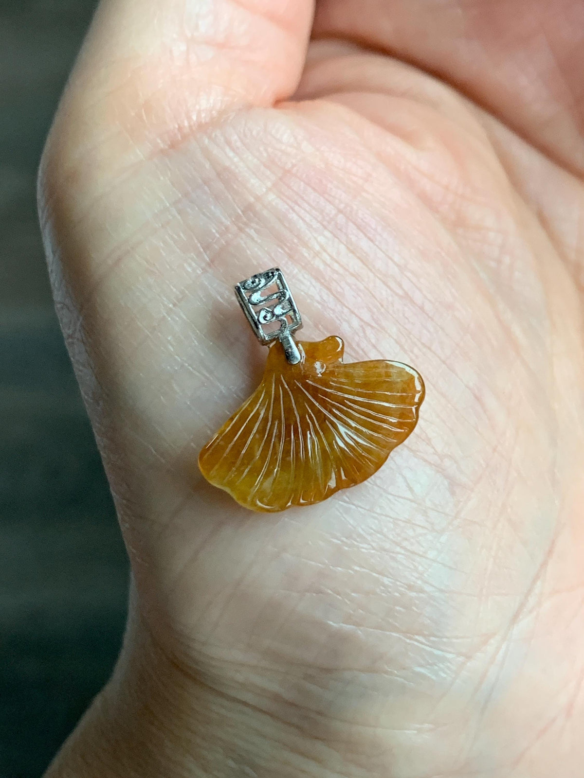 Petite Natural Grade A Icy Translucent Rich Honey Brown Jade Jadeite Ginkgo Leaf Pendant Sterling Silver 天然冰油黄翡翠银杏叶迷你吊坠 MYX330B