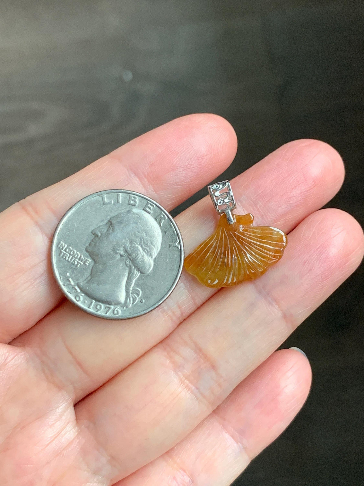 Petite Natural Grade A Icy Translucent Rich Honey Brown Jade Jadeite Ginkgo Leaf Pendant Sterling Silver 天然冰油黄翡翠银杏叶迷你吊坠 MYX330B